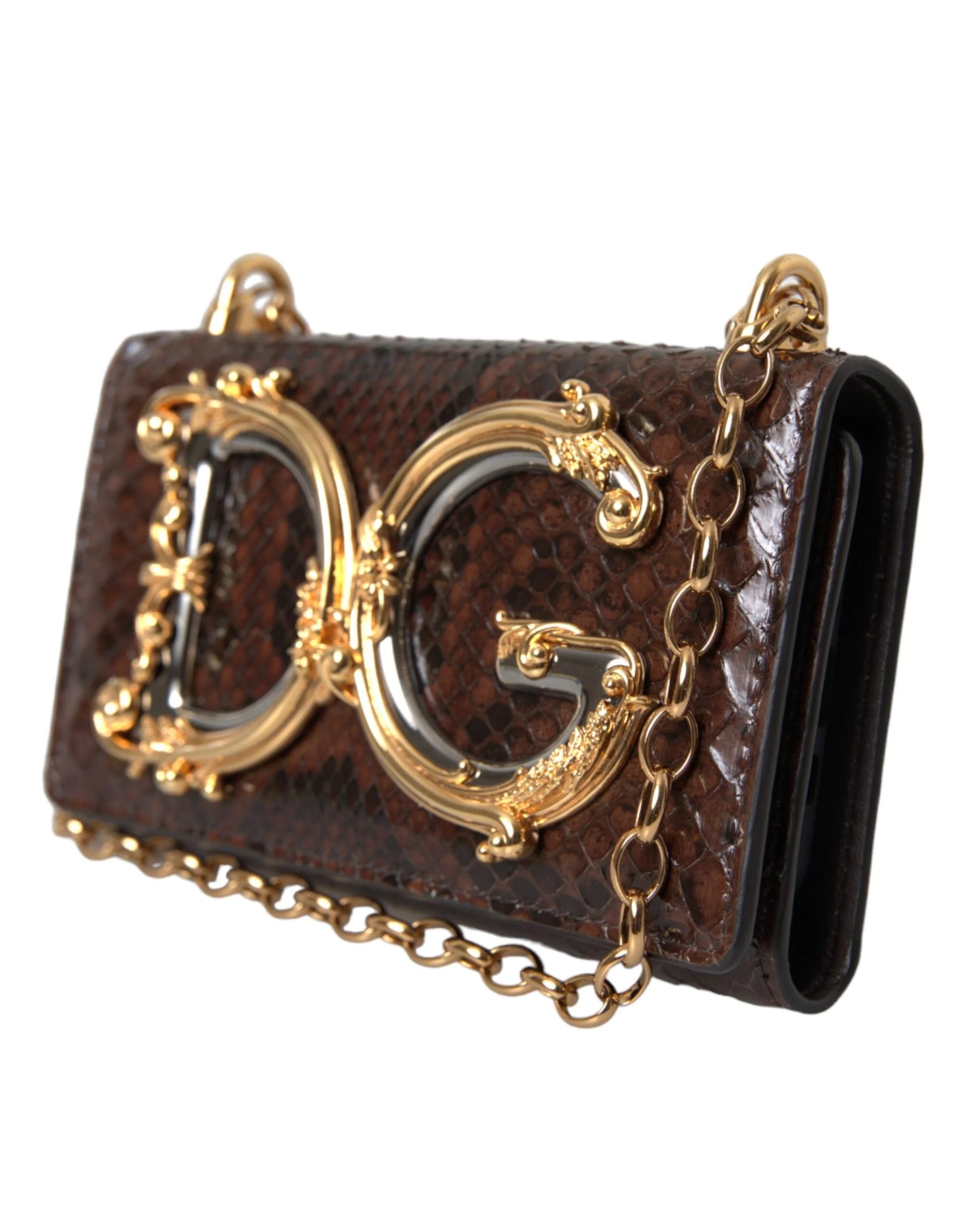 Dolce & Gabbana Brown Python Leather DG Girls Crossbody Phone Bag - Cross Body Bags