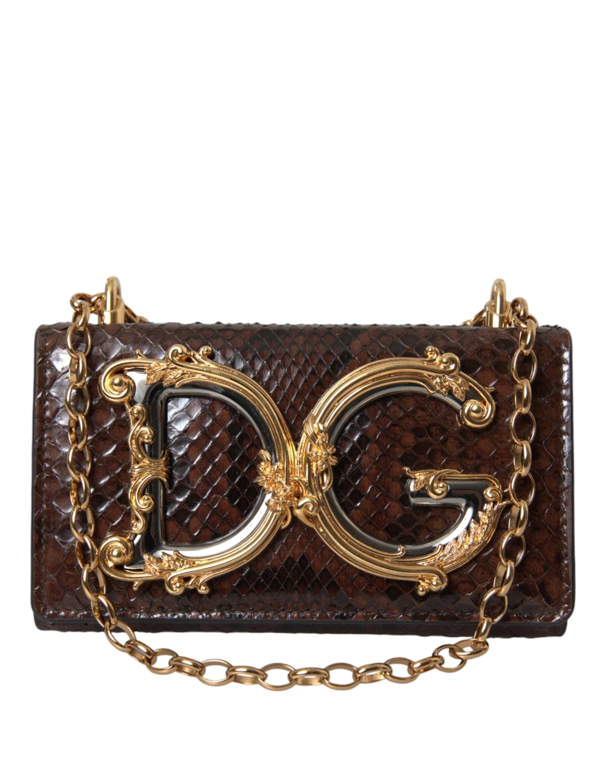 Dolce & Gabbana Brown Python Leather DG Girls Crossbody Phone Bag - Cross Body Bags