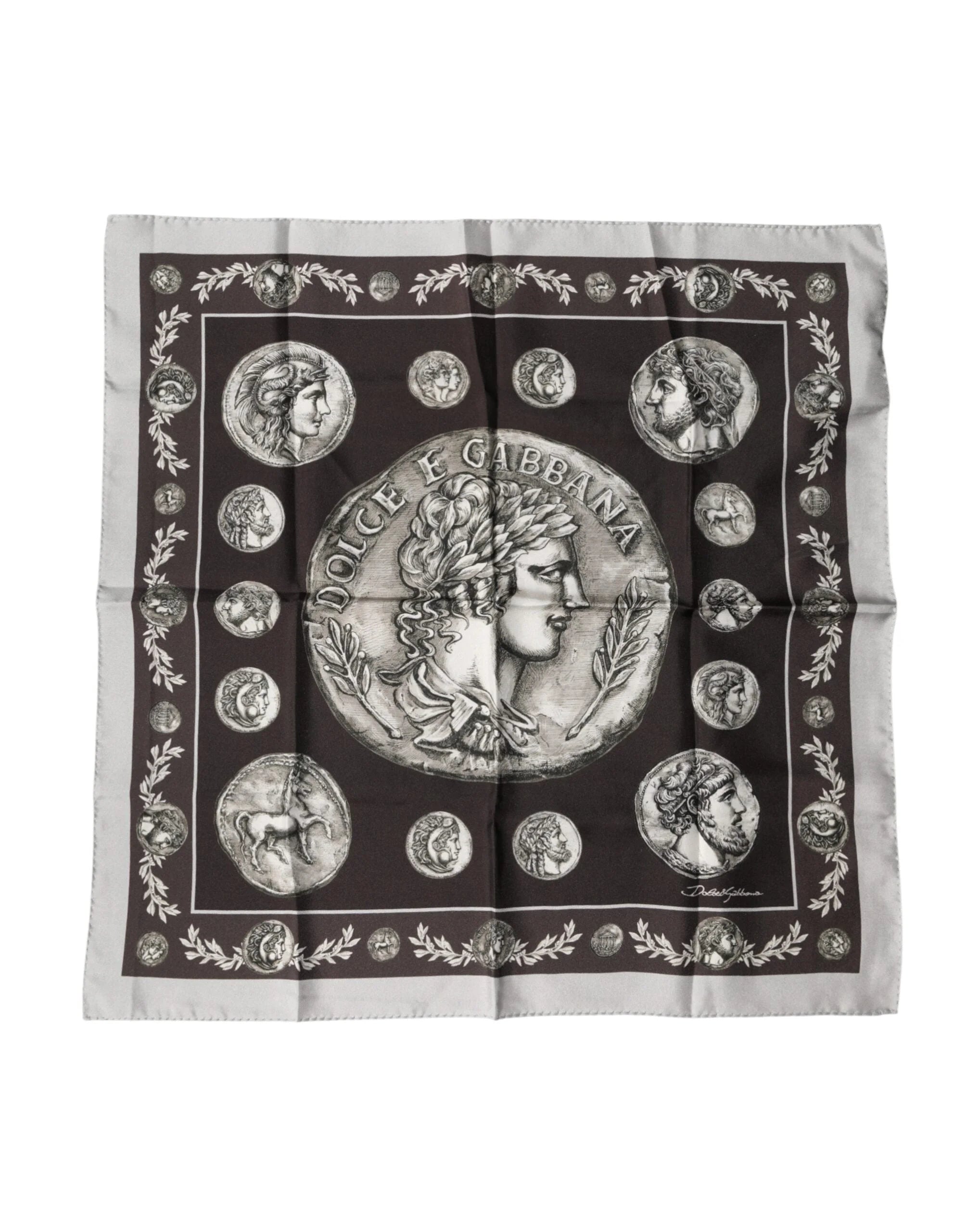 Dolce & Gabbana Brown Roman Coin Print Silk Square Foulard Scarf - Scarves & Shawls