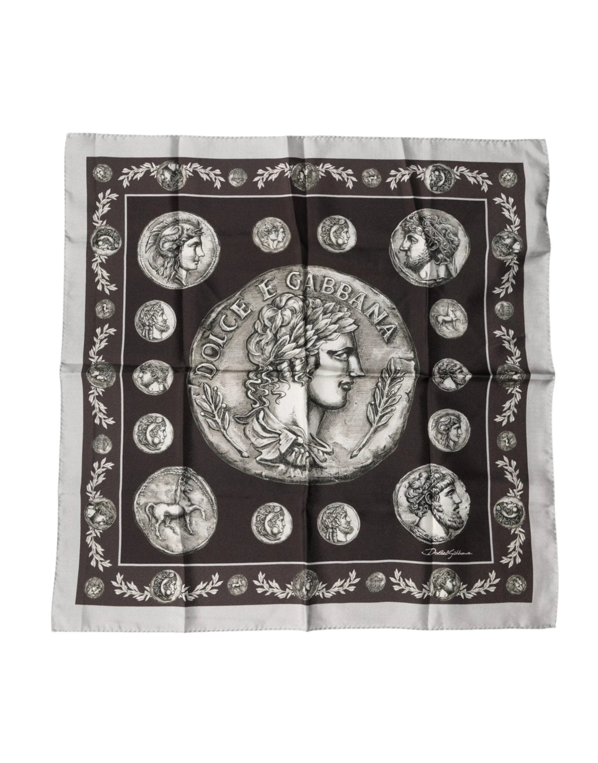 Dolce & Gabbana Brown Roman Coin Print Silk Square Foulard Scarf - Scarves & Shawls