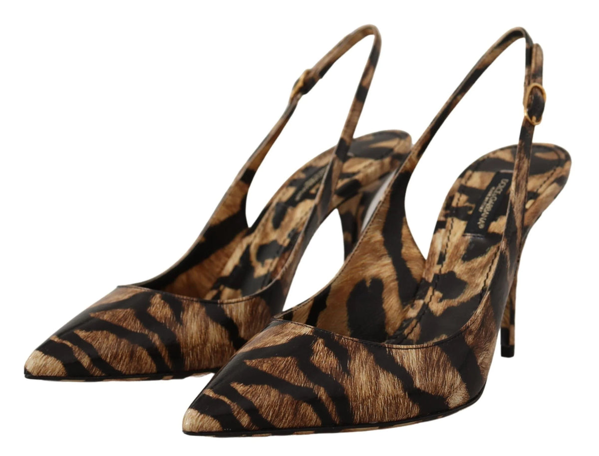 Dolce & Gabbana Brown Slingbacks Leather Tiger Shoes - EU37/US6.5
