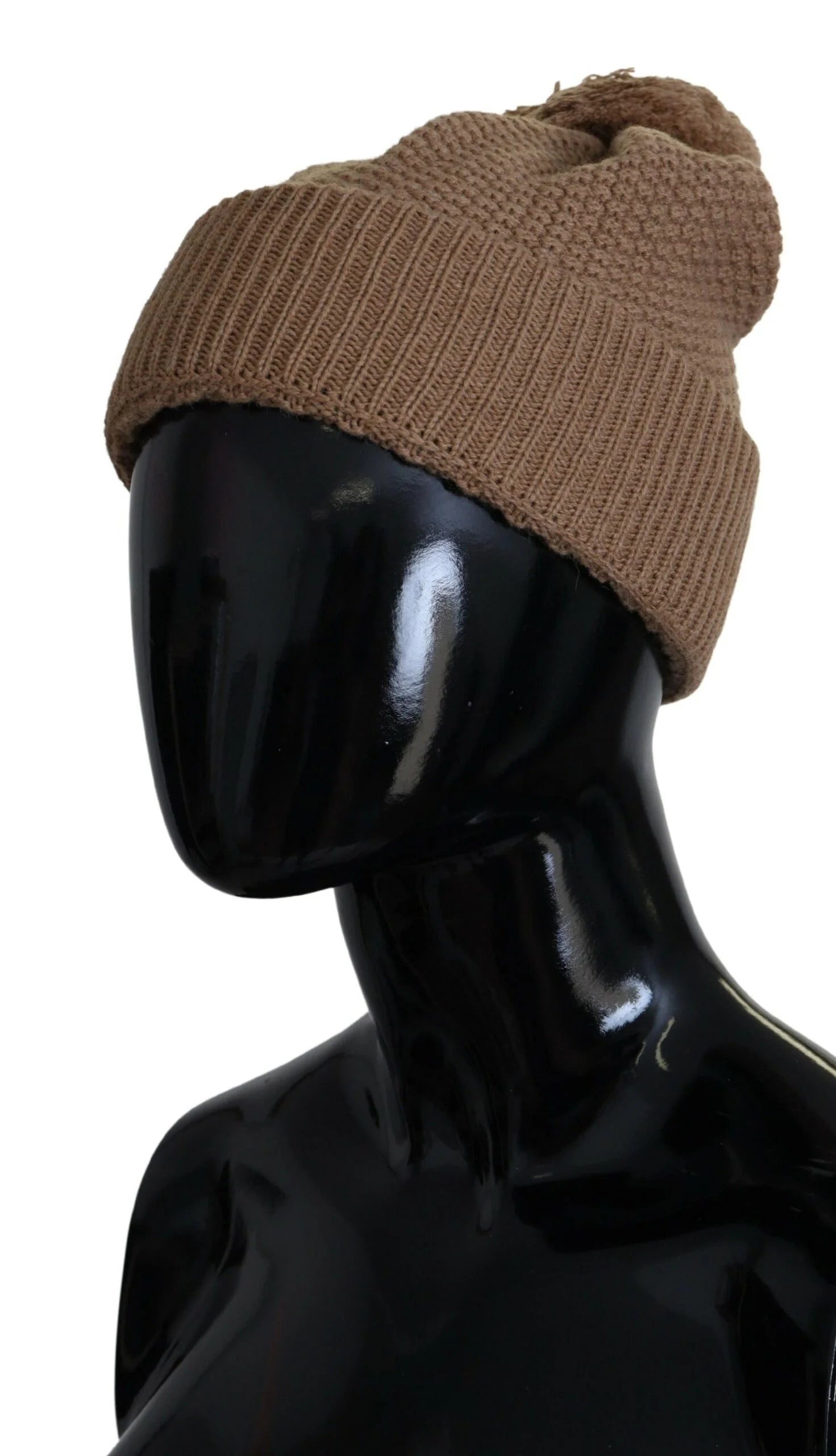 Dolce & Gabbana Brown Solid Knitted Fur Ball Winter Beanie Hat - Beanies