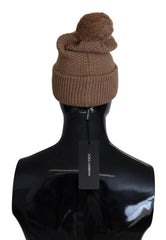 Dolce & Gabbana Brown Solid Knitted Fur Ball Winter Beanie Hat - Beanies