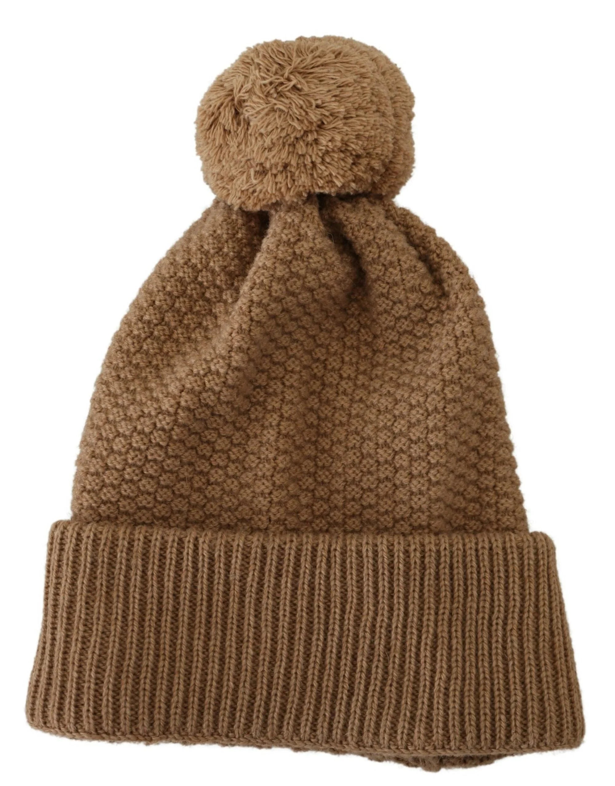 Dolce & Gabbana Brown Solid Knitted Fur Ball Winter Beanie Hat - Beanies