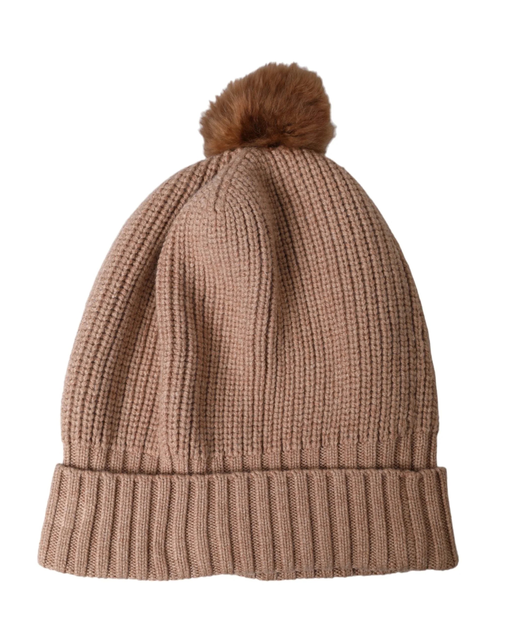 Dolce & Gabbana Brown Solid Knitted Fur Ball Winter Beanie Hat - S - Beanies