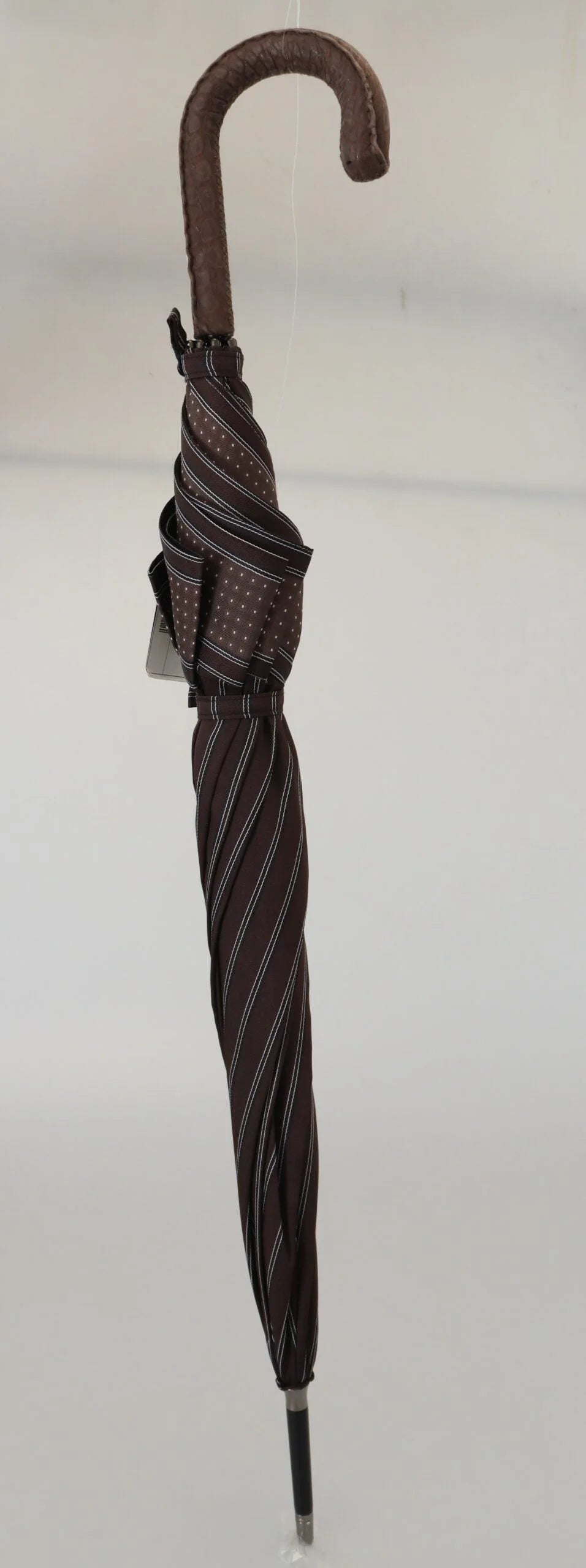 Dolce & Gabbana Brown Striped Leather Handle Collapsible Sartoria Umbrella - Rain Umbrellas