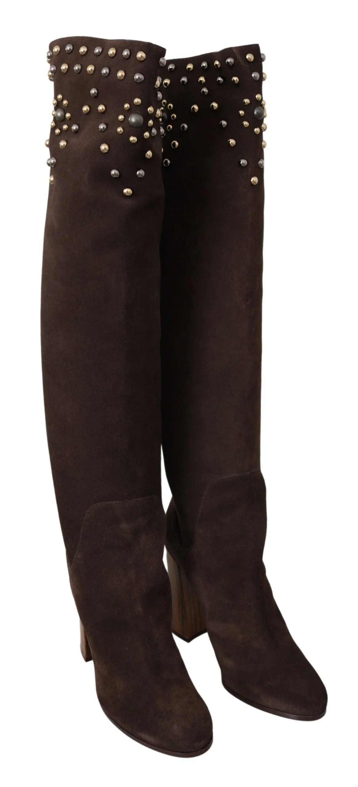 Dolce & Gabbana Brown Suede Studded Knee High Shoes Boots - EU39/US8.5