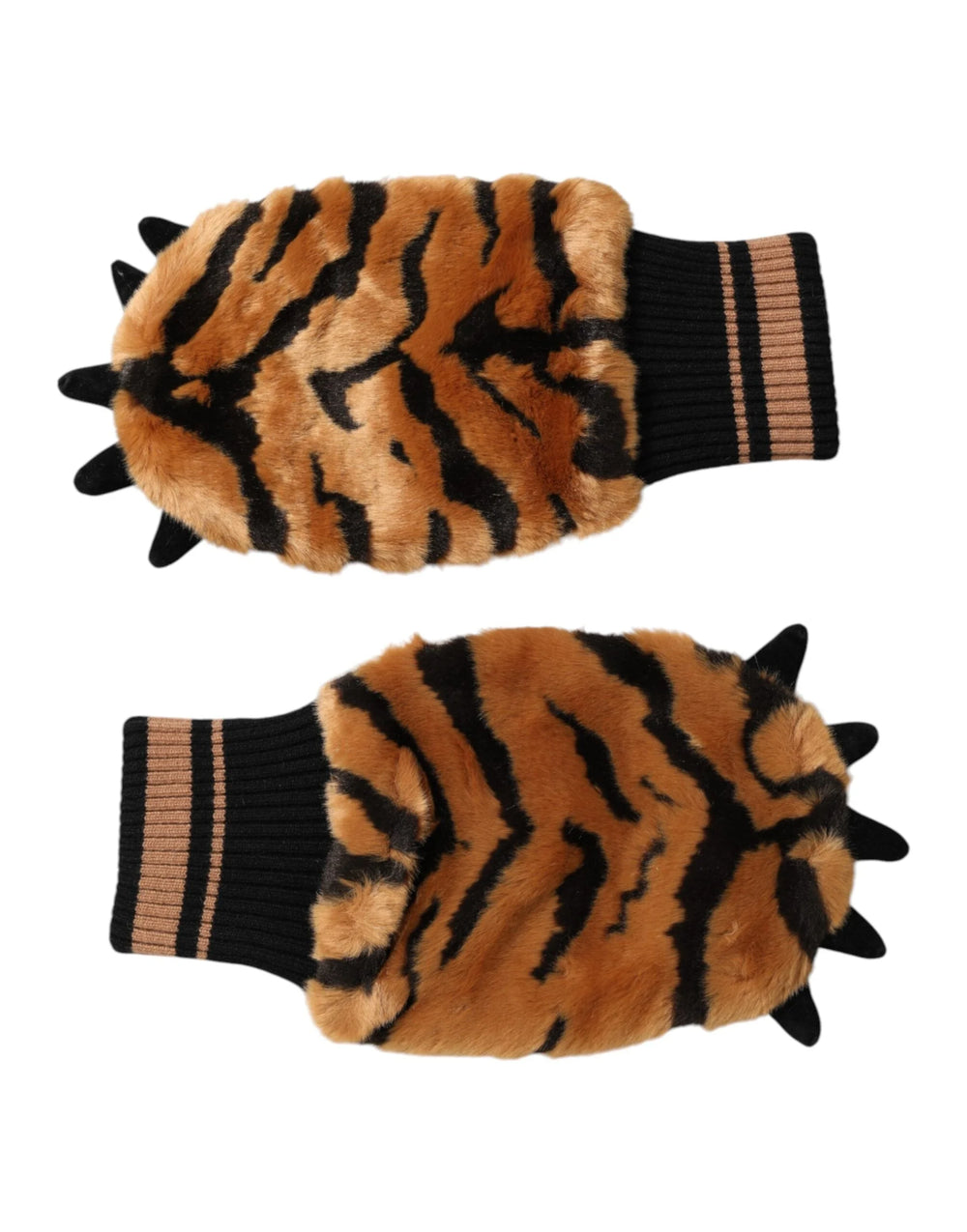Dolce & Gabbana Brown Tiger Knitted Fur Wrist Mitten One Size Gloves - One Size