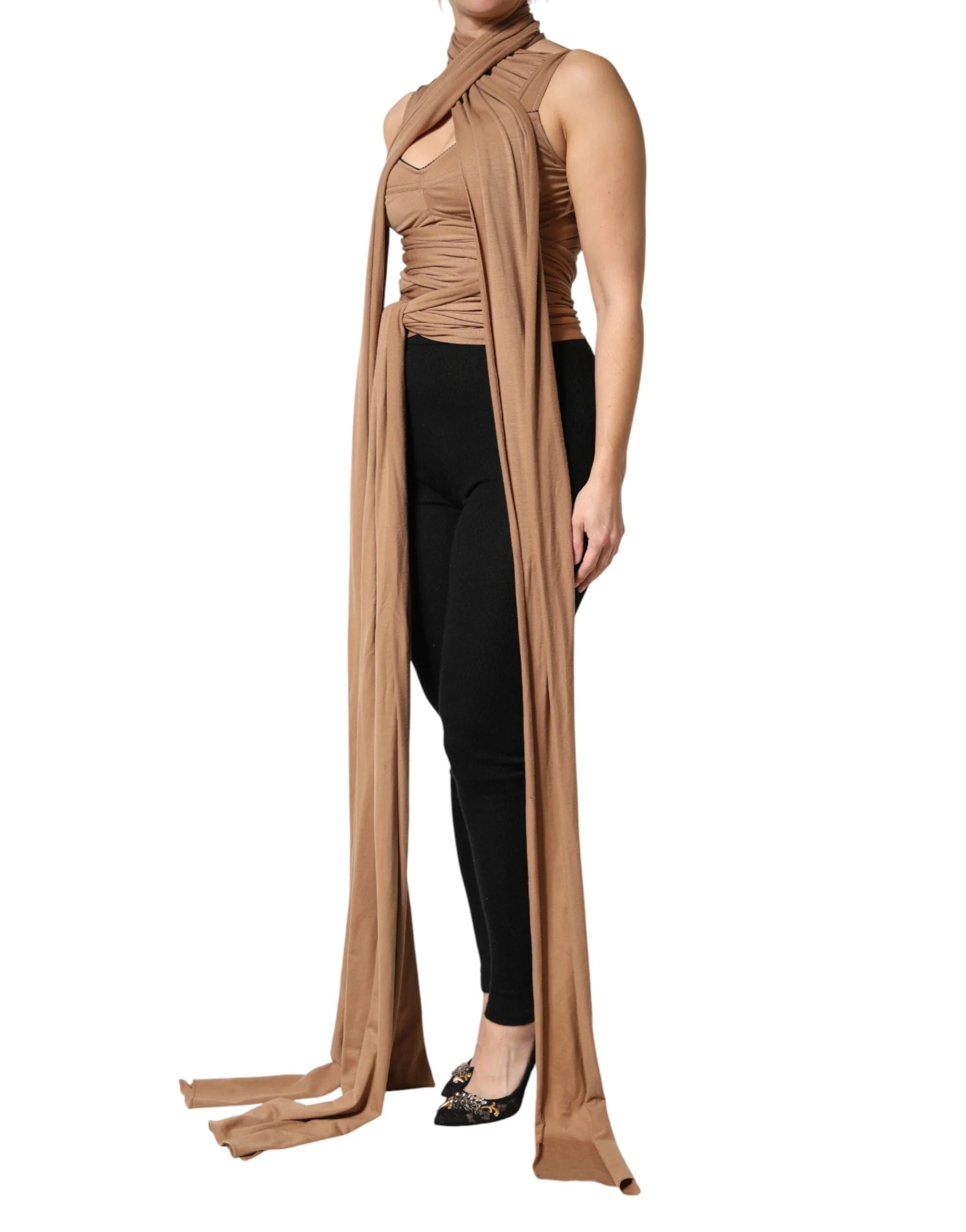 Dolce & Gabbana Brown Virgin Wool Sleeveless Scarf Tank Top - IT40|S