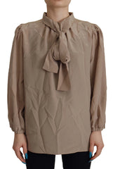 Dolce & Gabbana Brown Waistband Sleeves Ascot Collar Top Blouse - IT42|M - Blouses