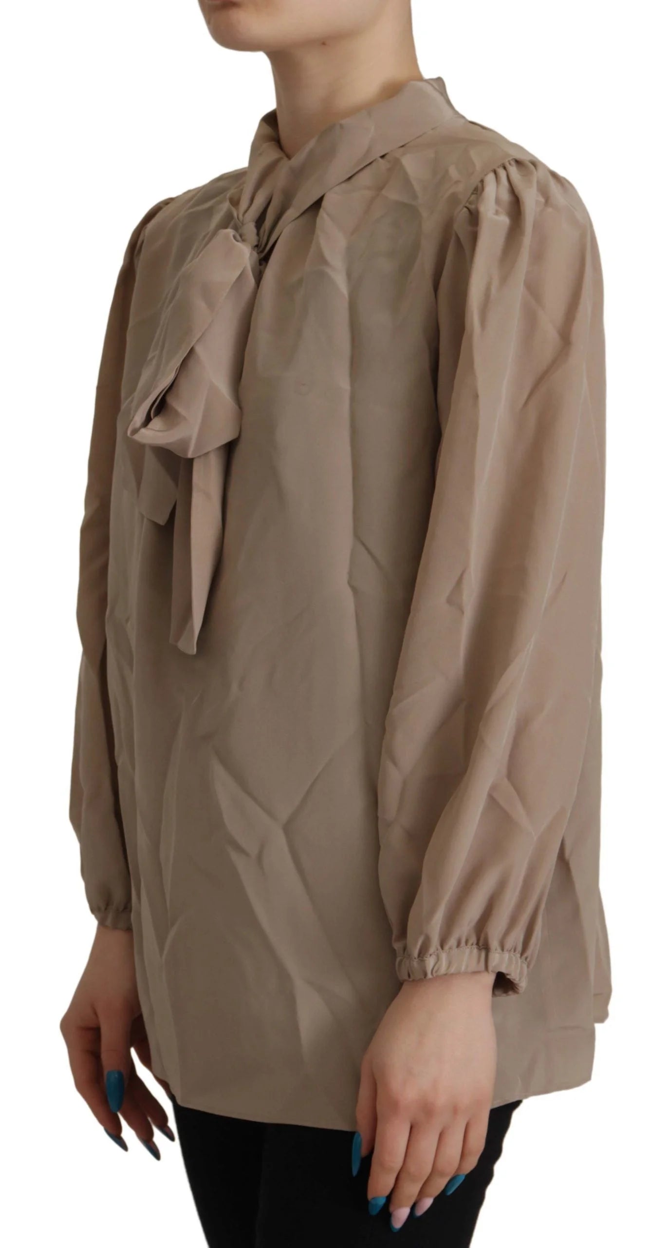 Dolce & Gabbana Brown Waistband Sleeves Ascot Collar Top Blouse - IT42|M - Blouses