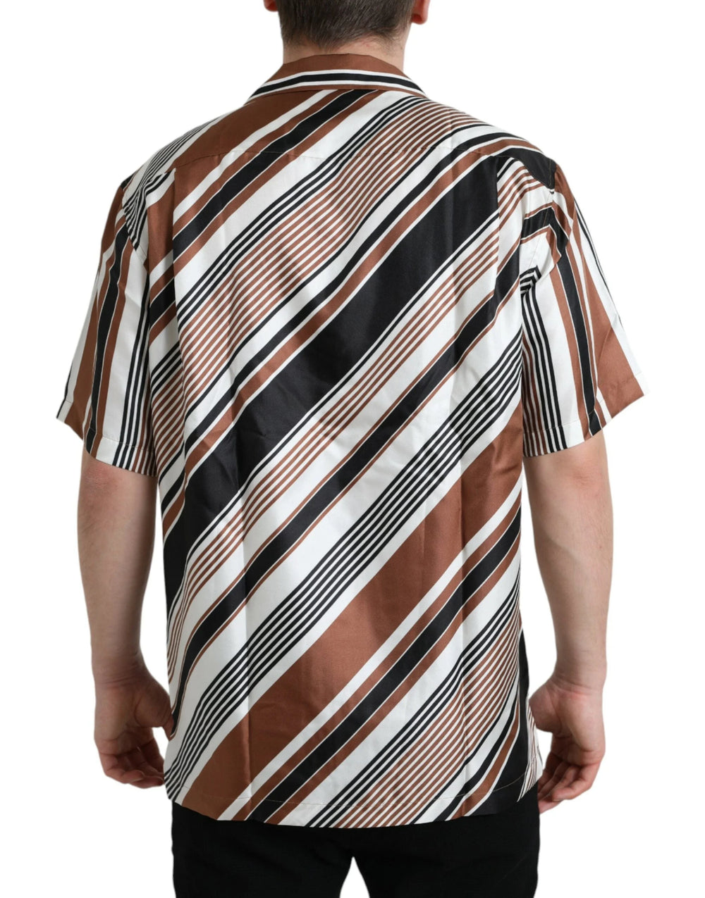 Dolce & Gabbana Brown White Silk Striped Short Sleeve Shirt - Shirts