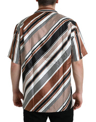 Dolce & Gabbana Brown White Silk Striped Short Sleeve Shirt - Shirts