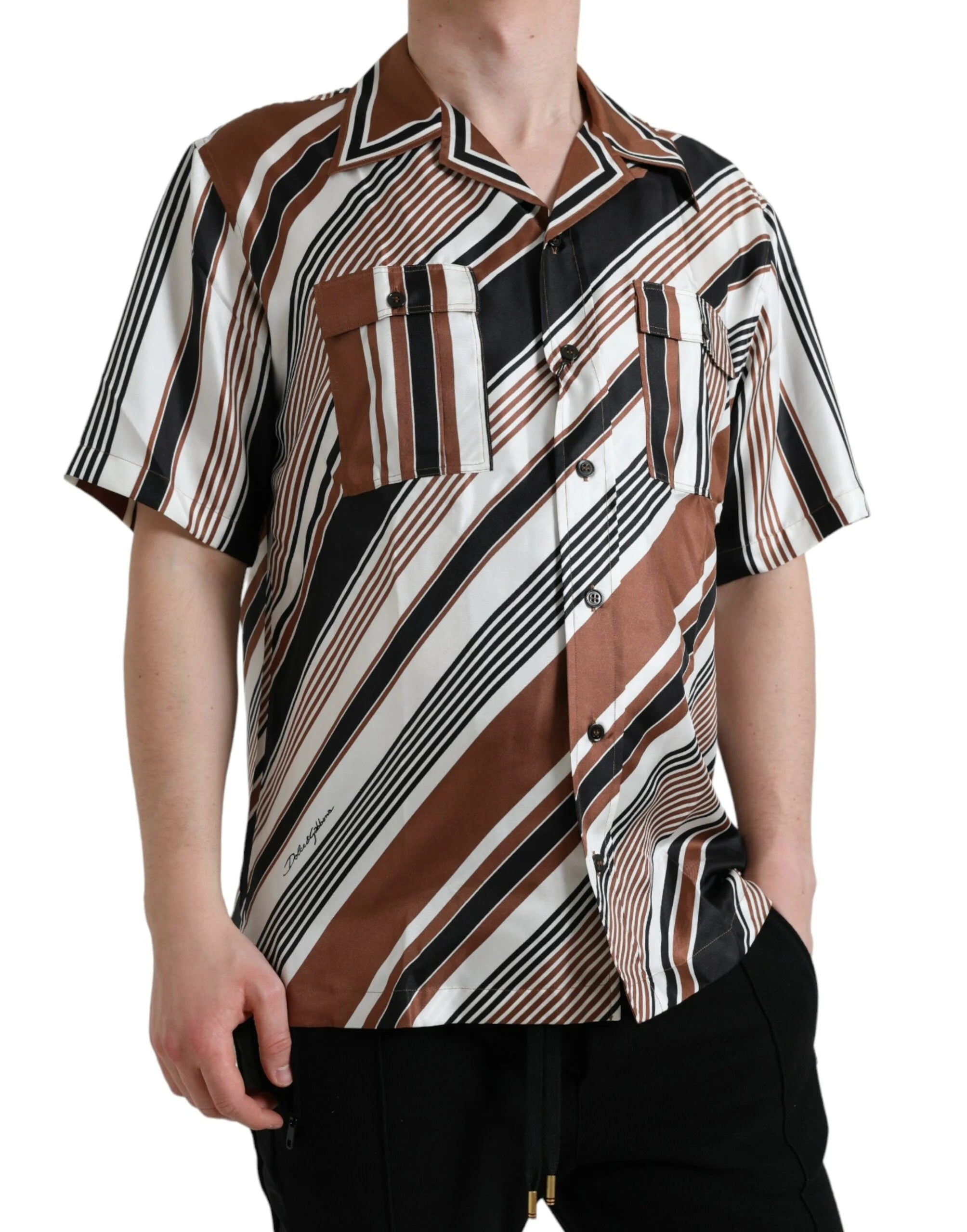 Dolce & Gabbana Brown White Silk Striped Short Sleeve Shirt - Shirts