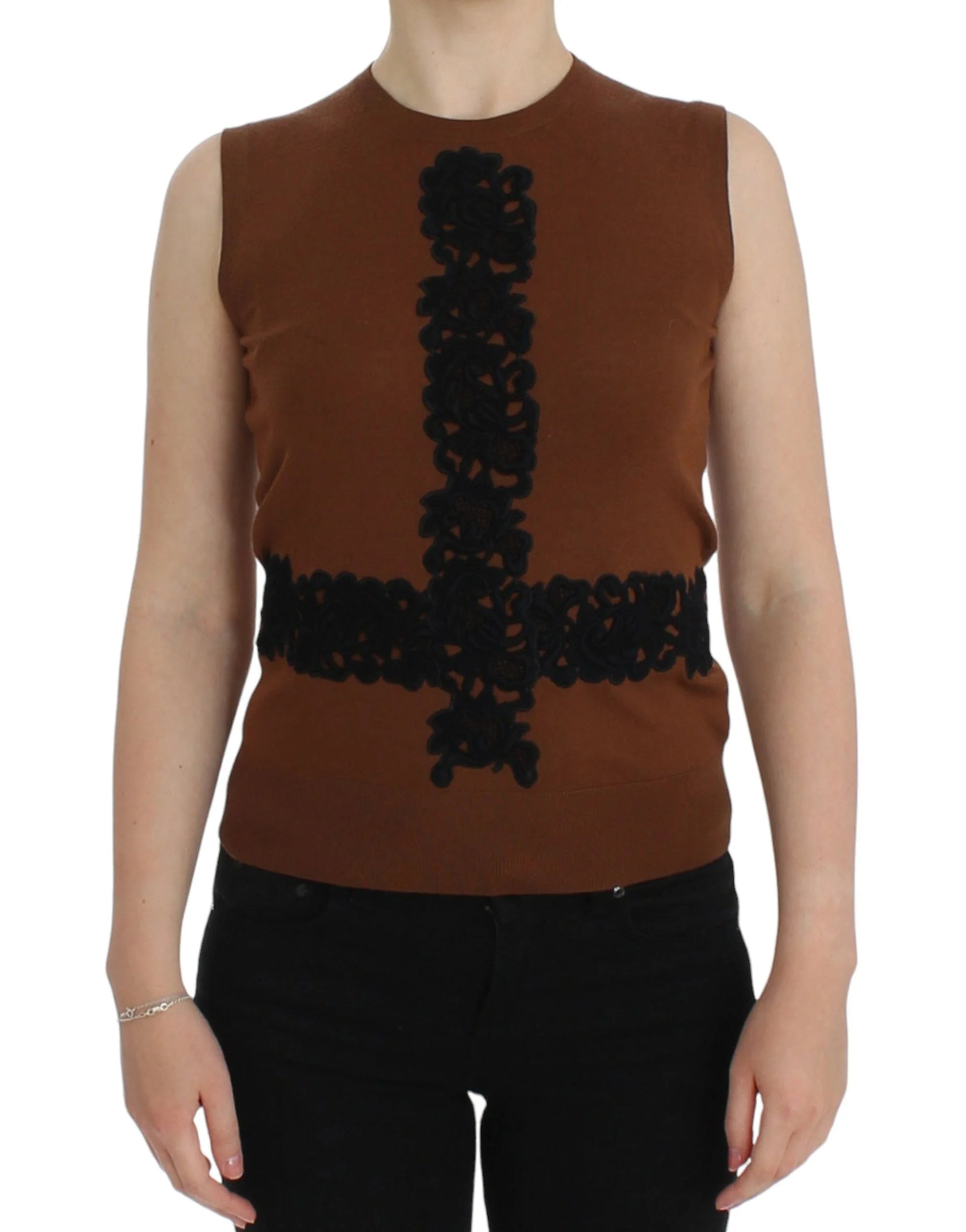 Dolce & Gabbana Brown Wool Black Lace Vest Sweater Top - IT38|XS - Sweaters