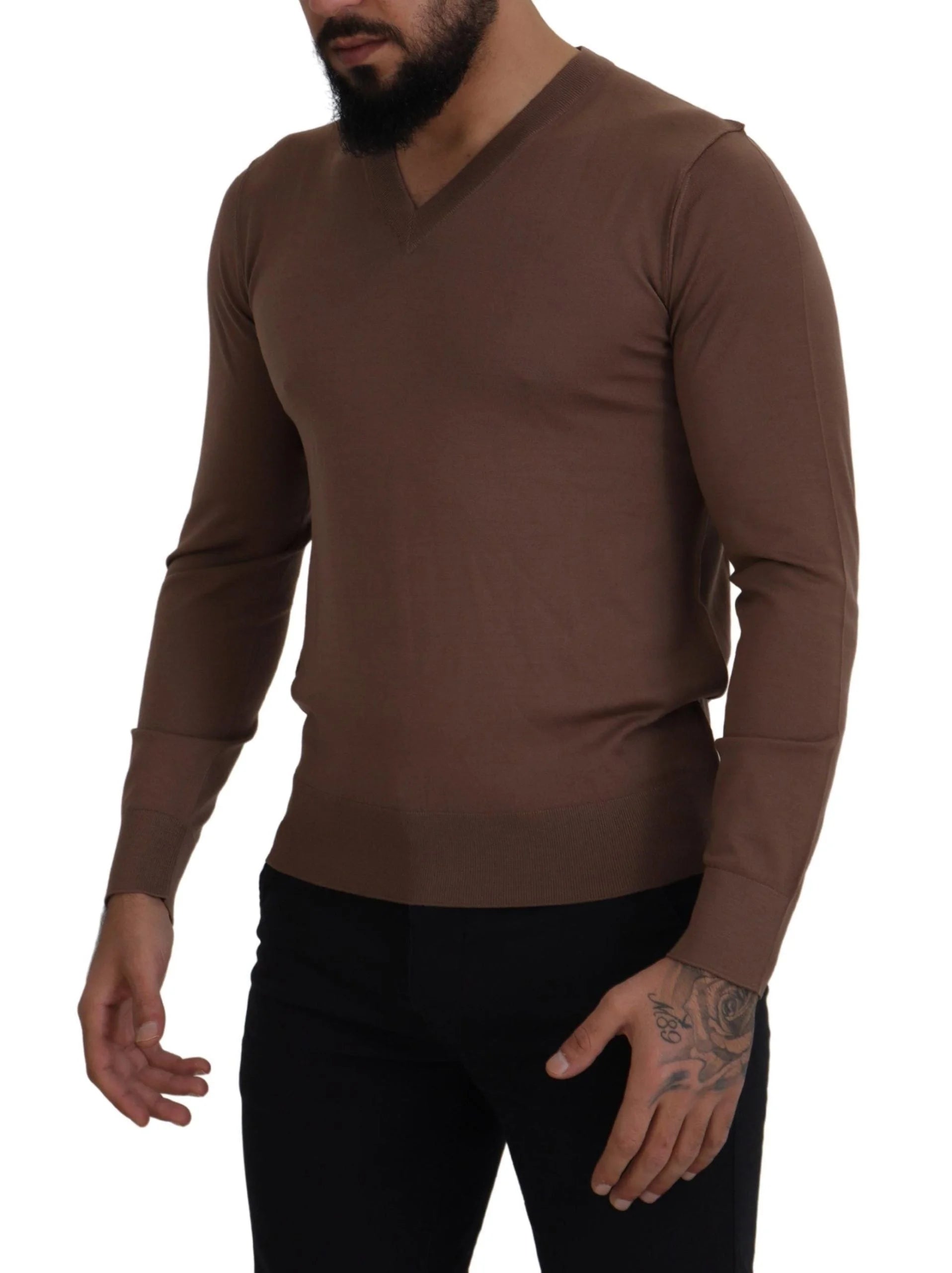 Dolce & Gabbana Brown Wool Men V-neck Pullover Sweater - IT39 | S - Sweaters
