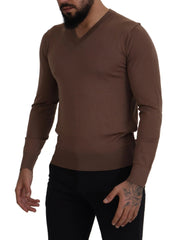 Dolce & Gabbana Brown Wool Men V-neck Pullover Sweater - IT39 | S - Sweaters
