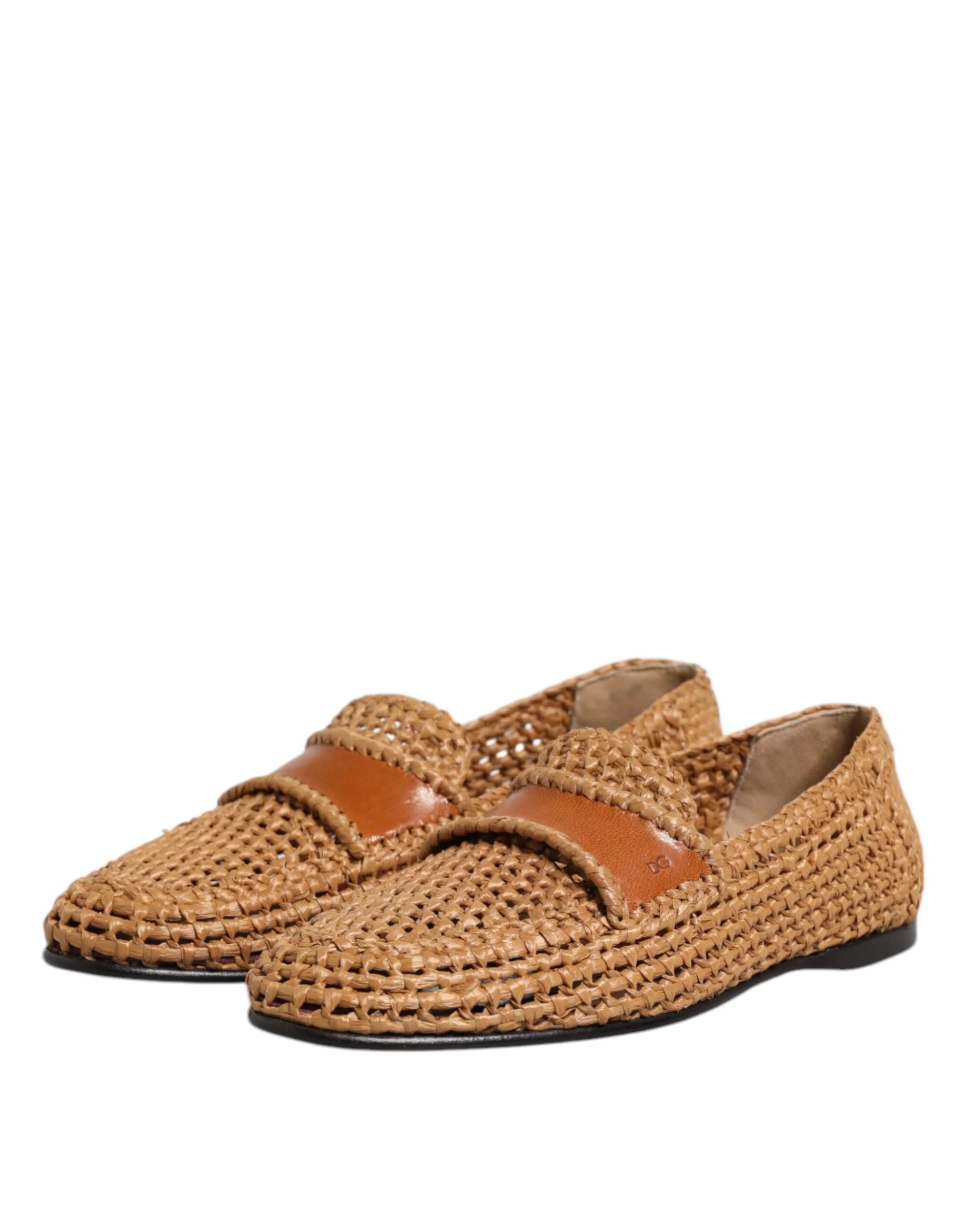 Dolce & Gabbana Brown Woven Raffia Slip On Loafers Shoes - Flats