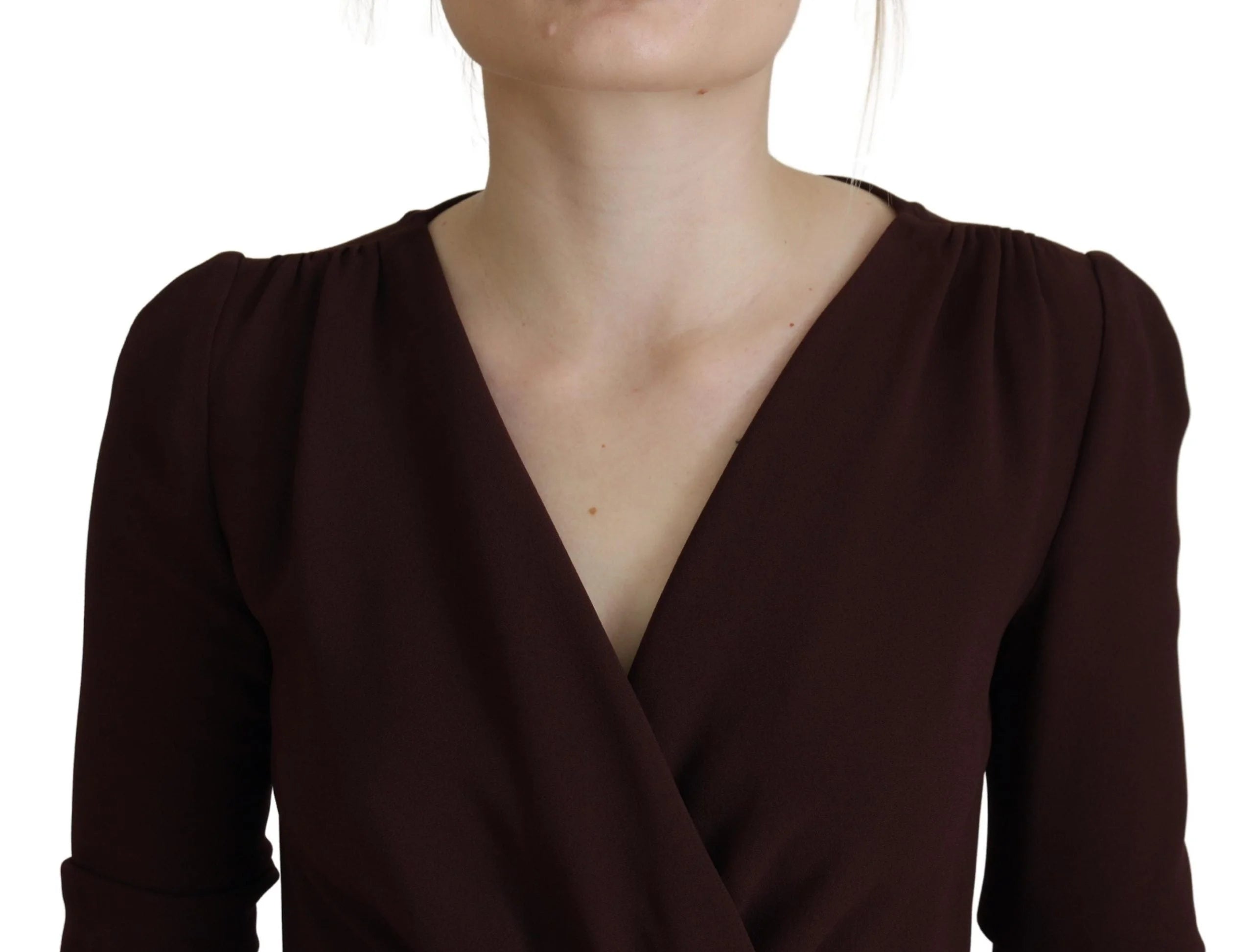 Dolce & Gabbana Brown Wrap Long Sleeve Midi Stretch Dress - Dresses