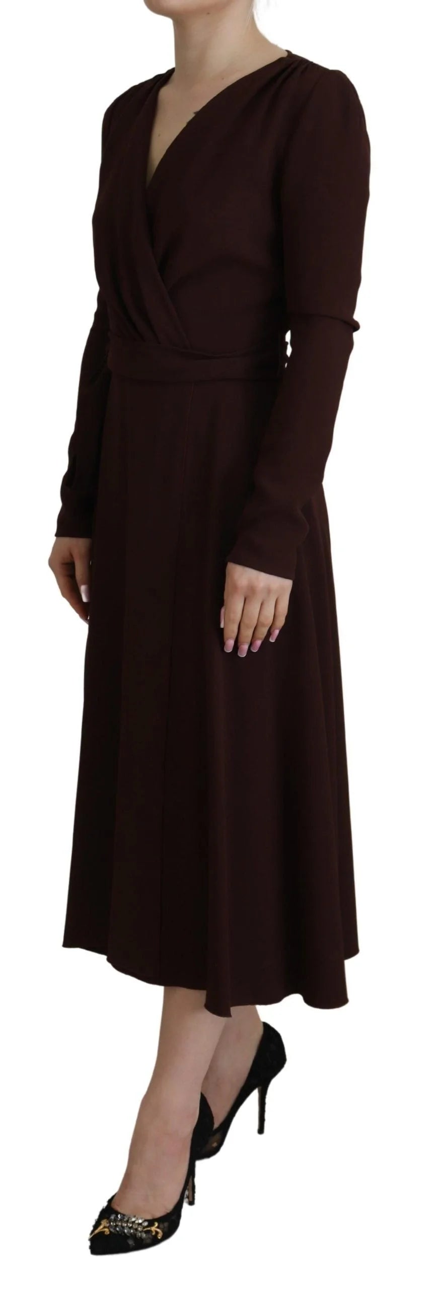 Dolce & Gabbana Brown Wrap Long Sleeve Midi Stretch Dress - Dresses