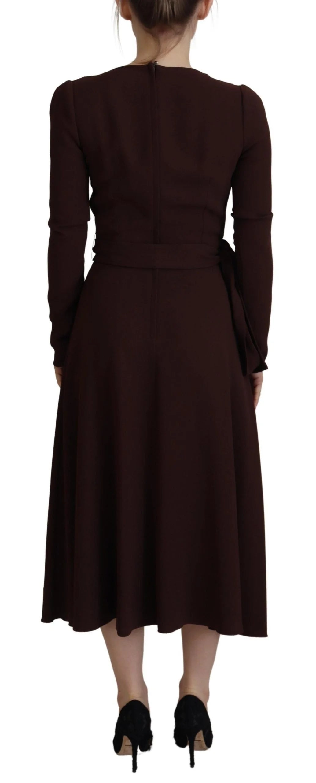 Dolce & Gabbana Brown Wrap Long Sleeve Midi Stretch Dress - Dresses