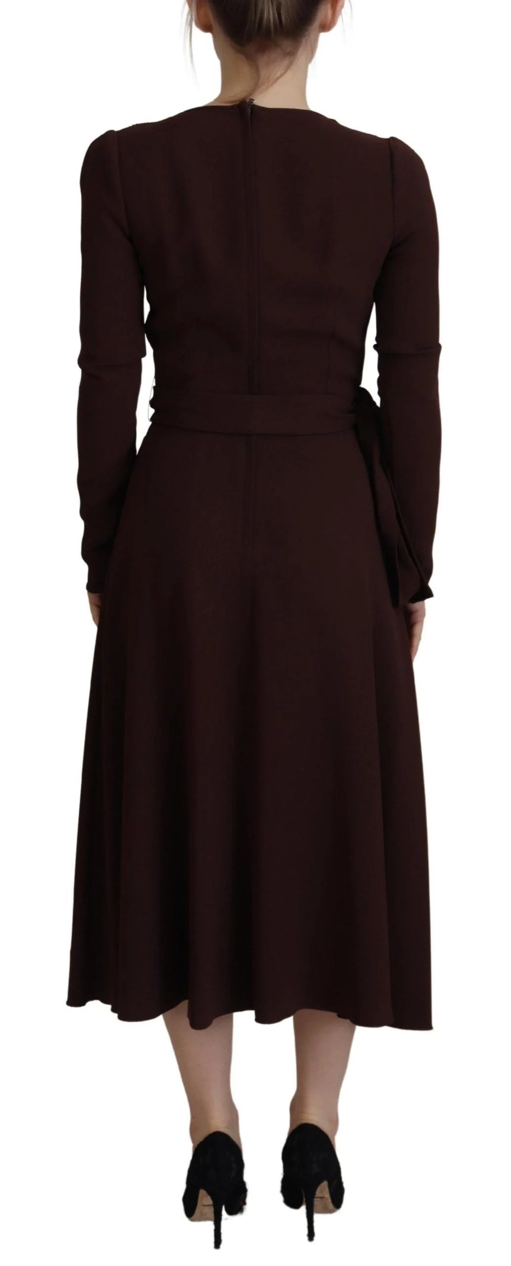 Dolce & Gabbana Brown Wrap Long Sleeve Midi Stretch Dress - Dresses