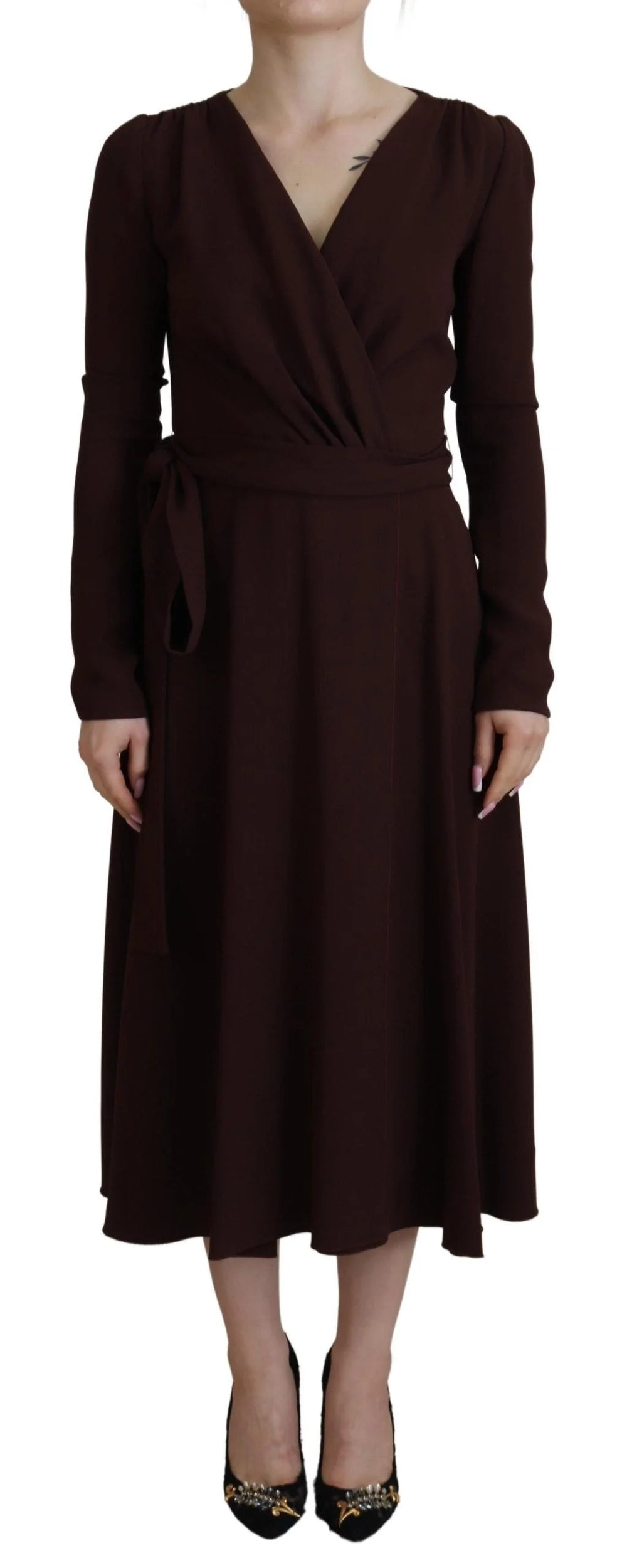 Dolce & Gabbana Brown Wrap Long Sleeve Midi Stretch Dress - Dresses