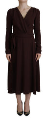 Dolce & Gabbana Brown Wrap Long Sleeve Midi Stretch Dress - Dresses