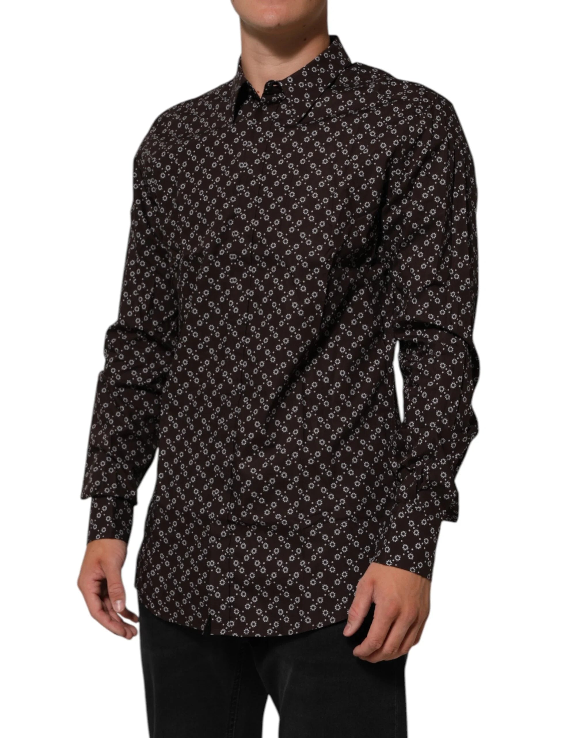 Dolce & Gabbana BrownFloral Collared GOLD Formal Dress Shirt - IT42 | XL