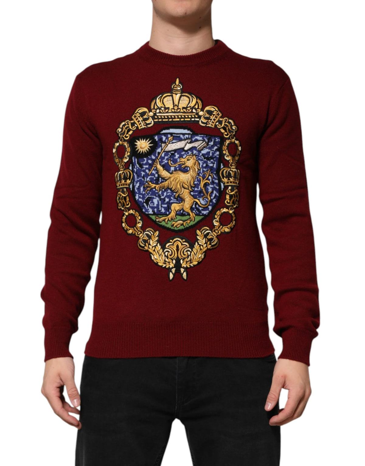 Dolce & Gabbana Burgundy Cashmere Lion Crest Pullover Sweater - Sweaters