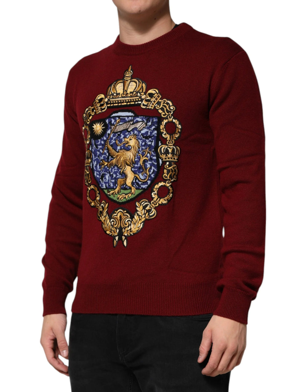 Dolce & Gabbana Burgundy Cashmere Lion Crest Pullover Sweater - Sweaters