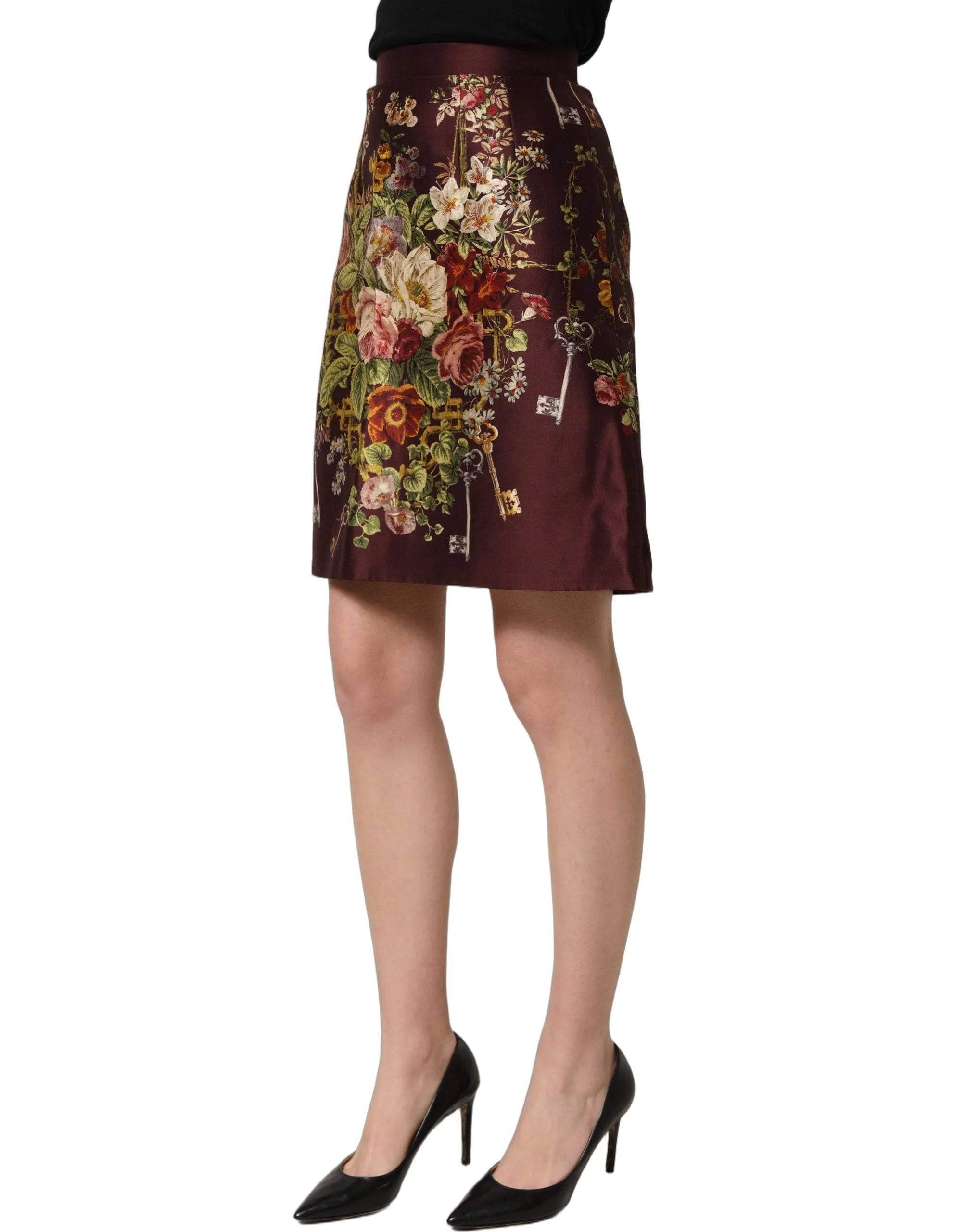 Dolce & Gabbana Burgundy Floral HighWaist A-line Mini Skirt - IT36|XXS