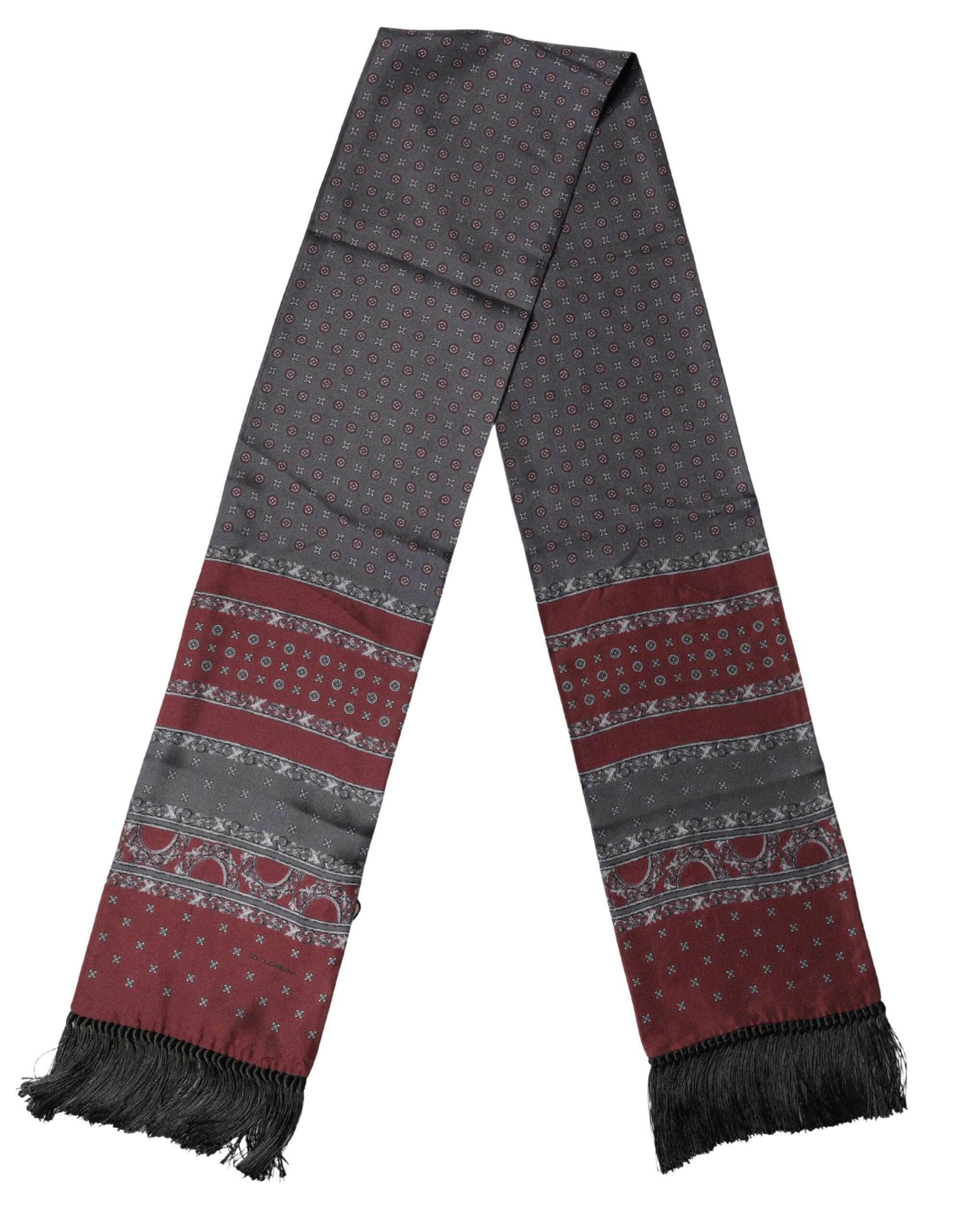 Dolce & Gabbana Burgundy Gray Patterned Fringe Foulard 141cm X 15.5cm Scarf