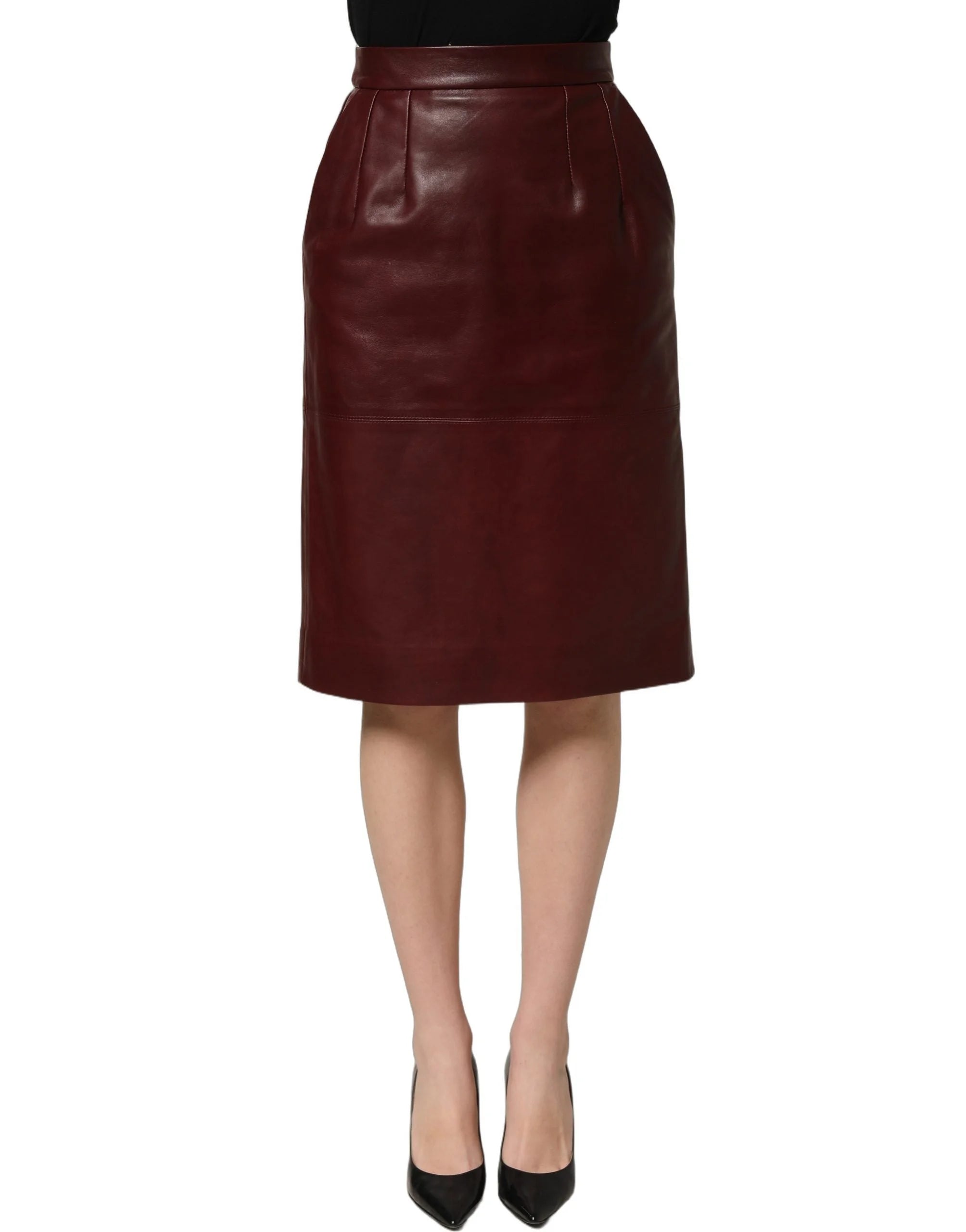 Dolce & Gabbana Burgundy Leather High Waist Pencil Midi Skirt - IT40|S