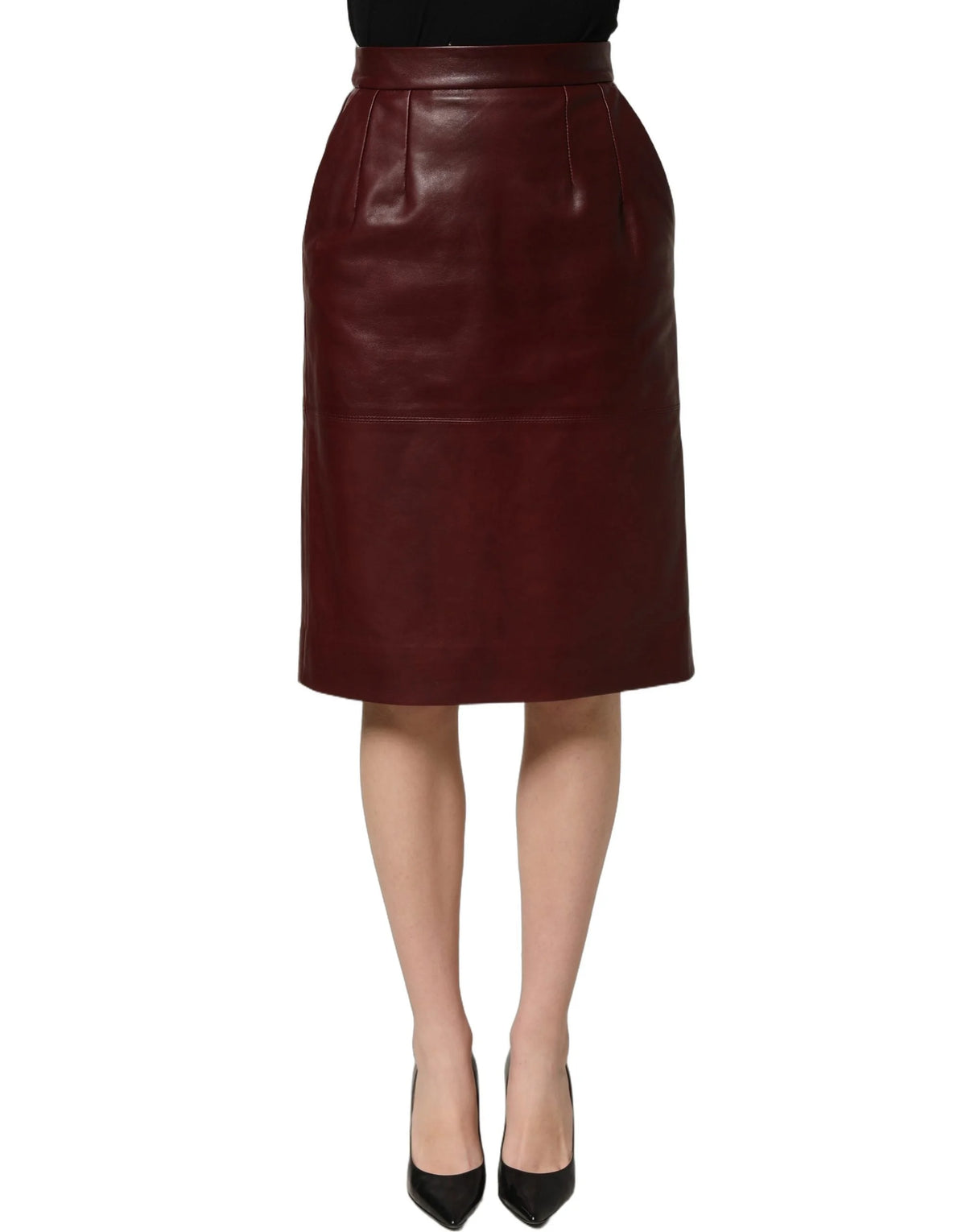 Dolce & Gabbana Burgundy Leather High Waist Pencil Midi Skirt - IT40|S