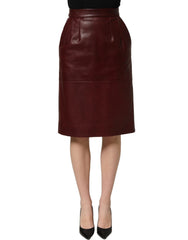 Dolce & Gabbana Burgundy Leather High Waist Pencil Midi Skirt - IT40|S