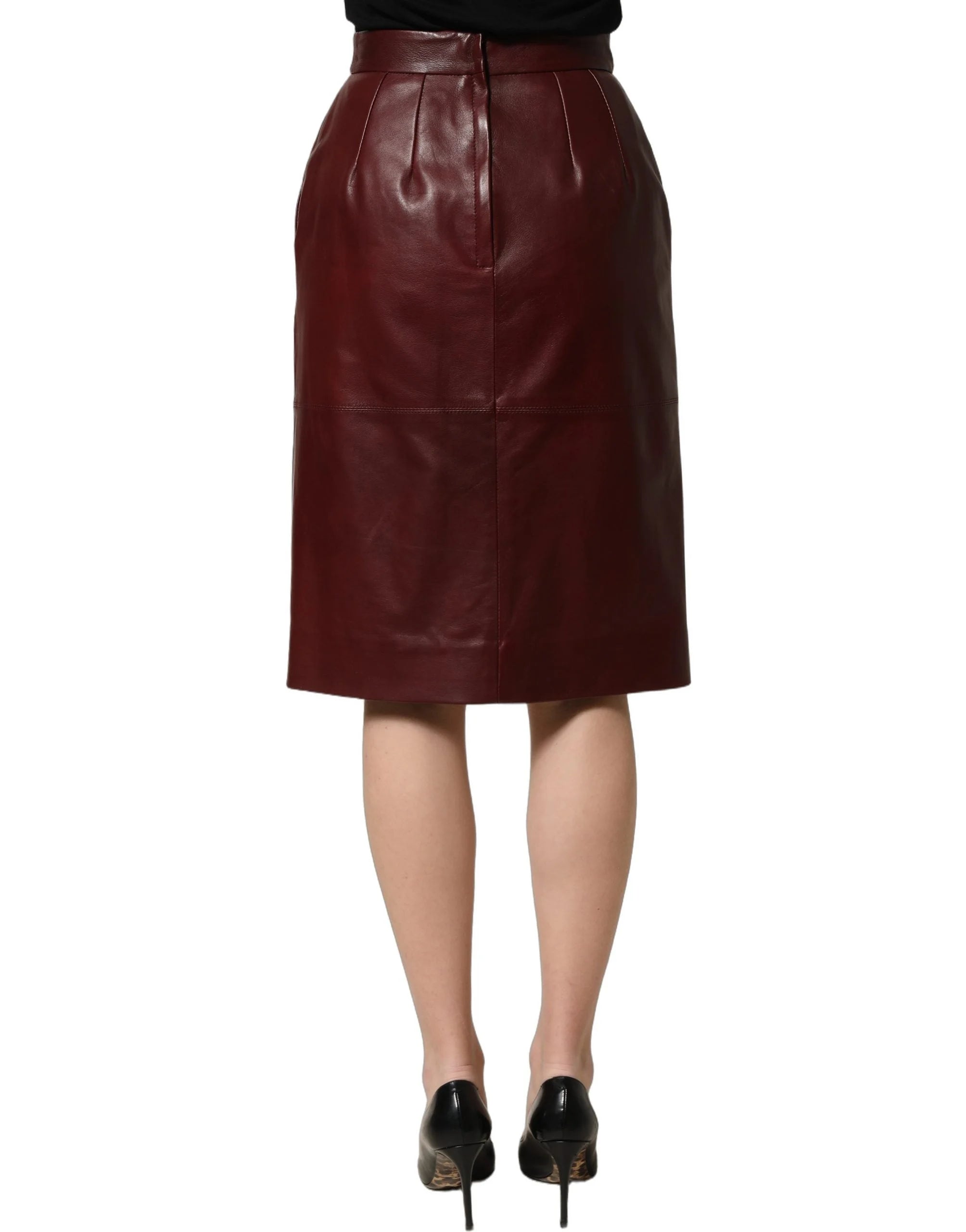 Dolce & Gabbana Burgundy Leather High Waist Pencil Midi Skirt - IT40|S