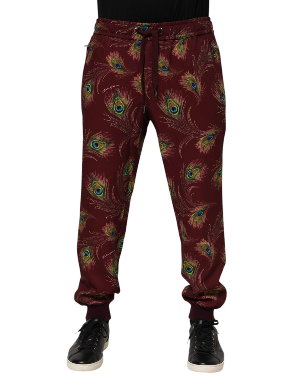 Dolce & Gabbana Burgundy Peacock Feather Print Jogger Pants - Joggers