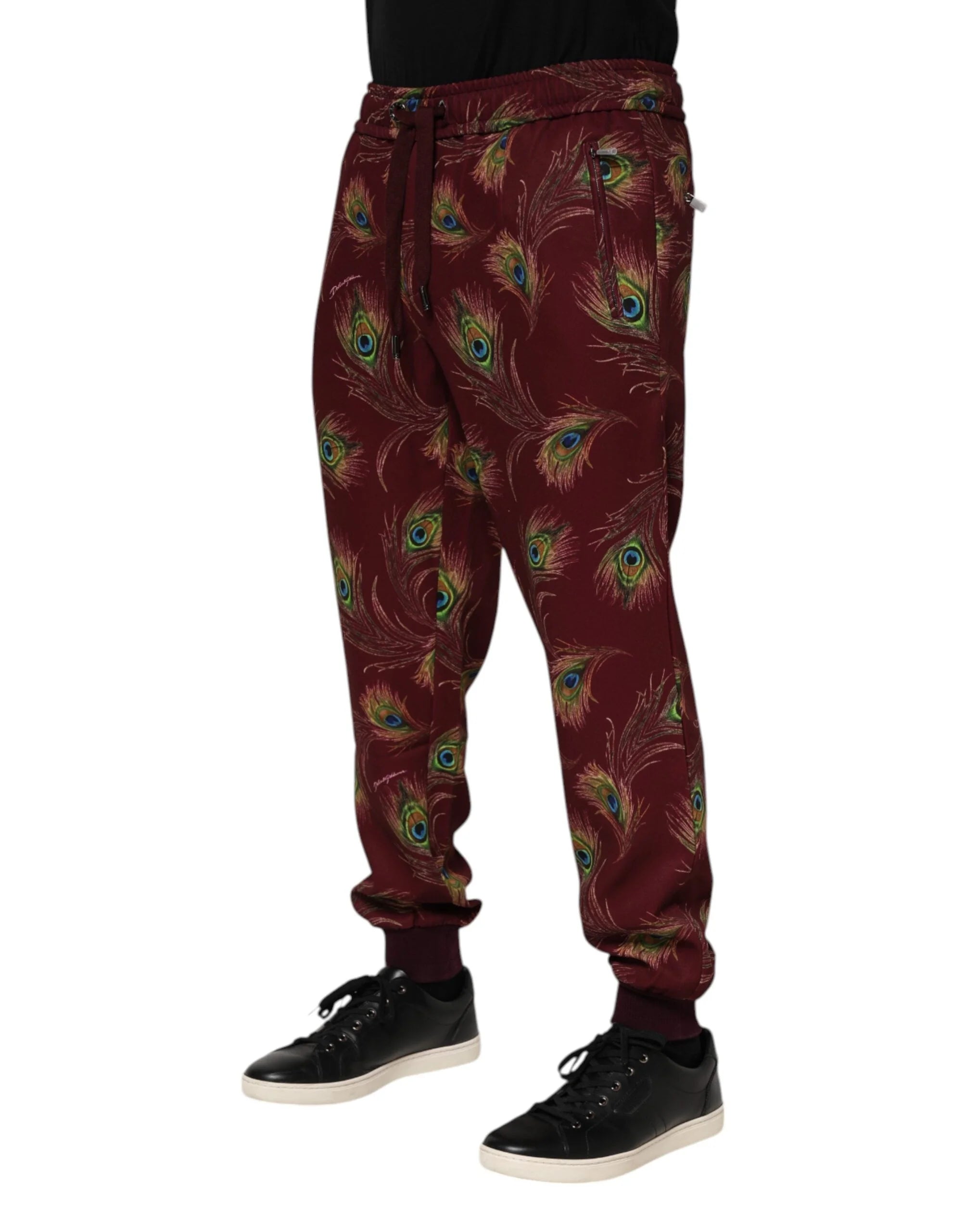 Dolce & Gabbana Burgundy Peacock Feather Print Jogger Pants - Joggers