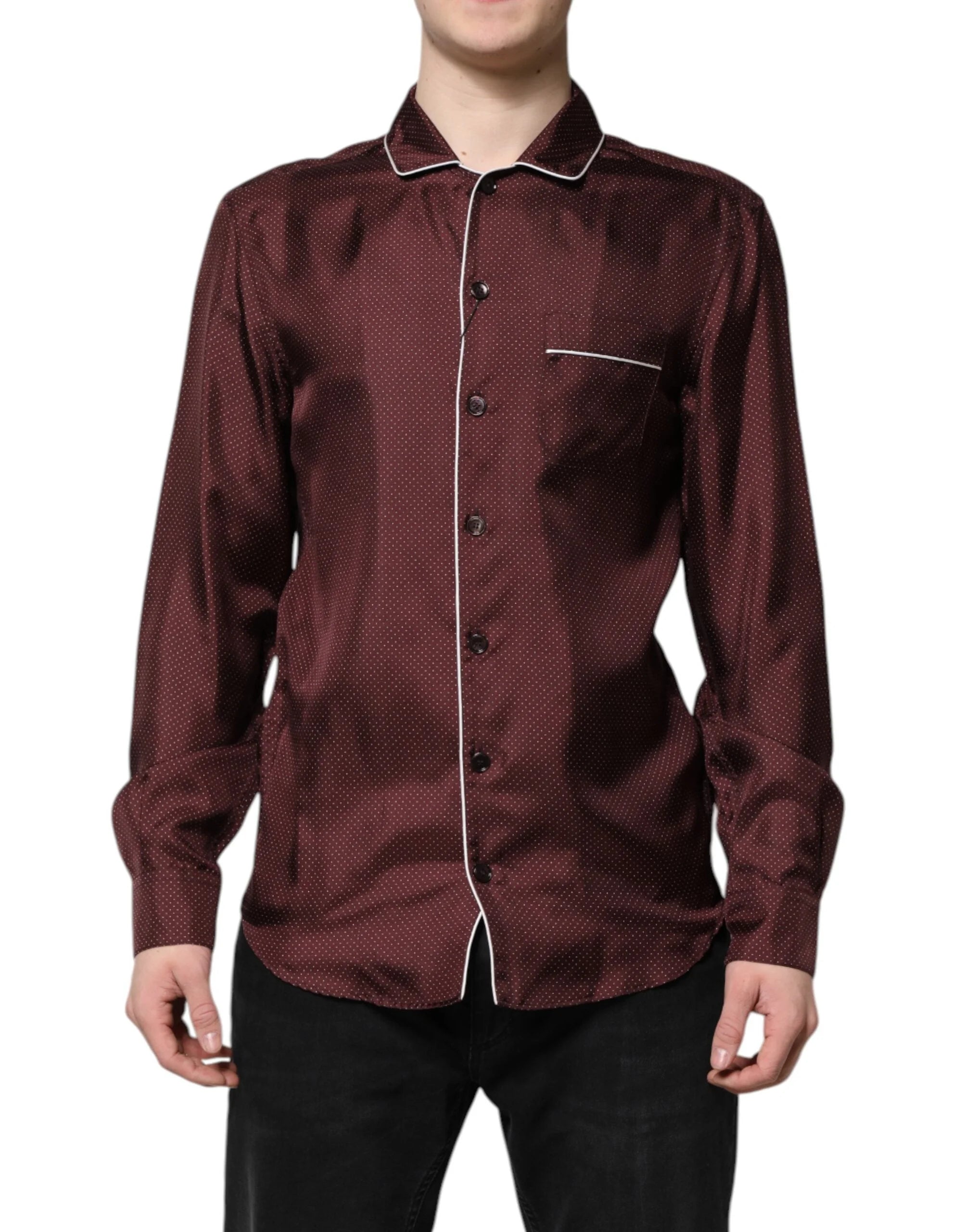 Dolce & Gabbana Burgundy Silk Dotted Long Sleeves Shirt - Shirts