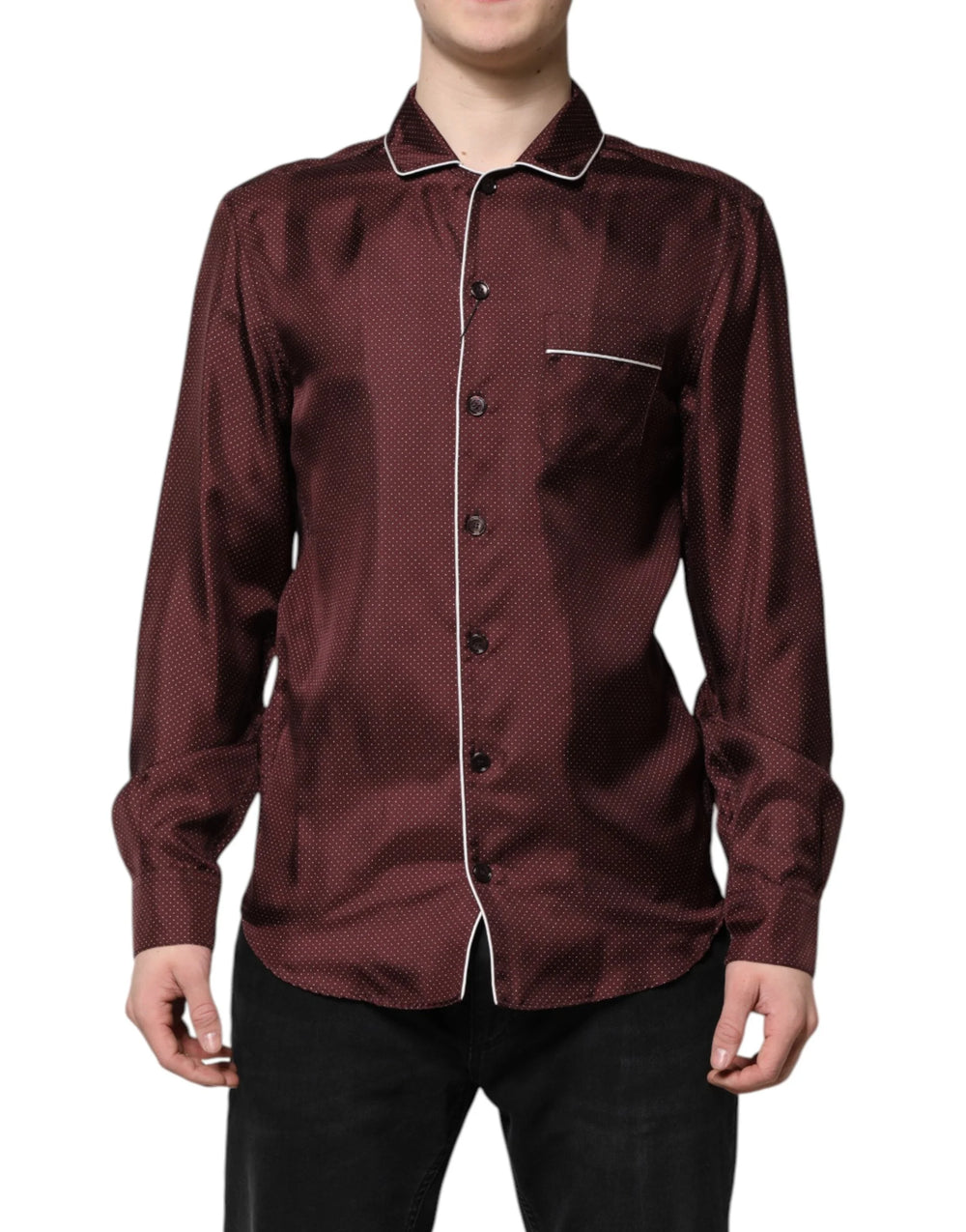 Dolce & Gabbana Burgundy Silk Dotted Long Sleeves Shirt - Shirts