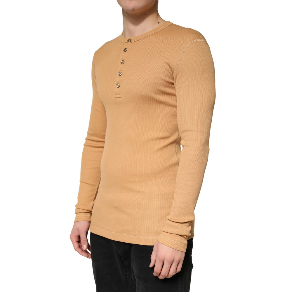 Dolce & Gabbana Camel Ribbed Cotton Long Sleeve Henley Sweater - IT48 | M