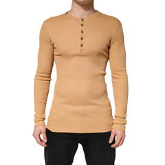 Dolce & Gabbana Camel Ribbed Cotton Long Sleeve Henley Sweater - IT48 | M