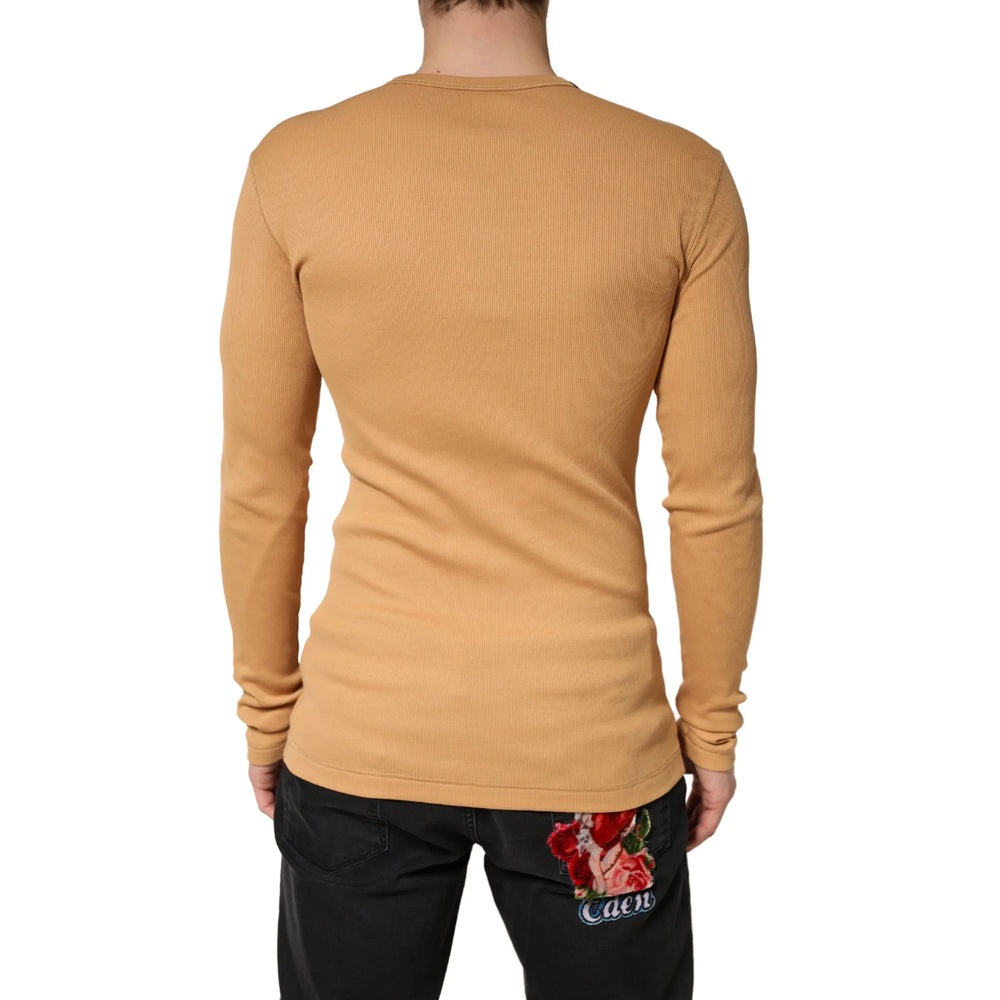 Dolce & Gabbana Camel Ribbed Cotton Long Sleeve Henley Sweater - IT48 | M