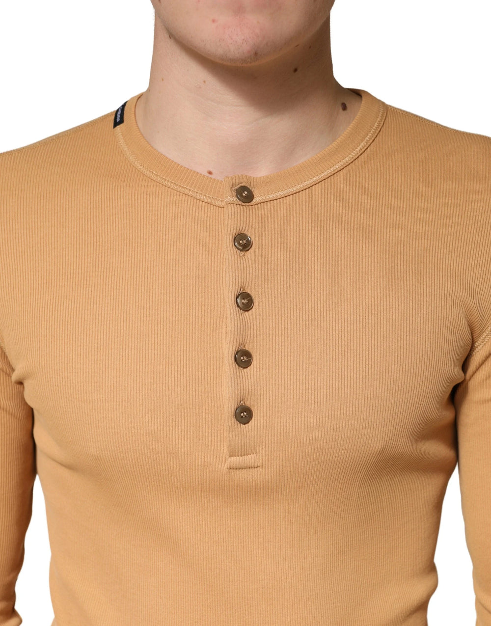 Dolce & Gabbana Camel Ribbed Cotton Long Sleeve Henley Sweater - IT48 | M