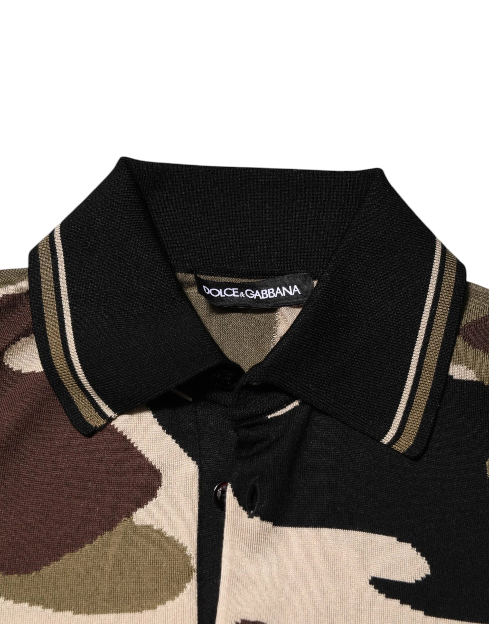 Dolce & Gabbana Camouflage Brown Silk MilitaryPolo T-shirt - Polos