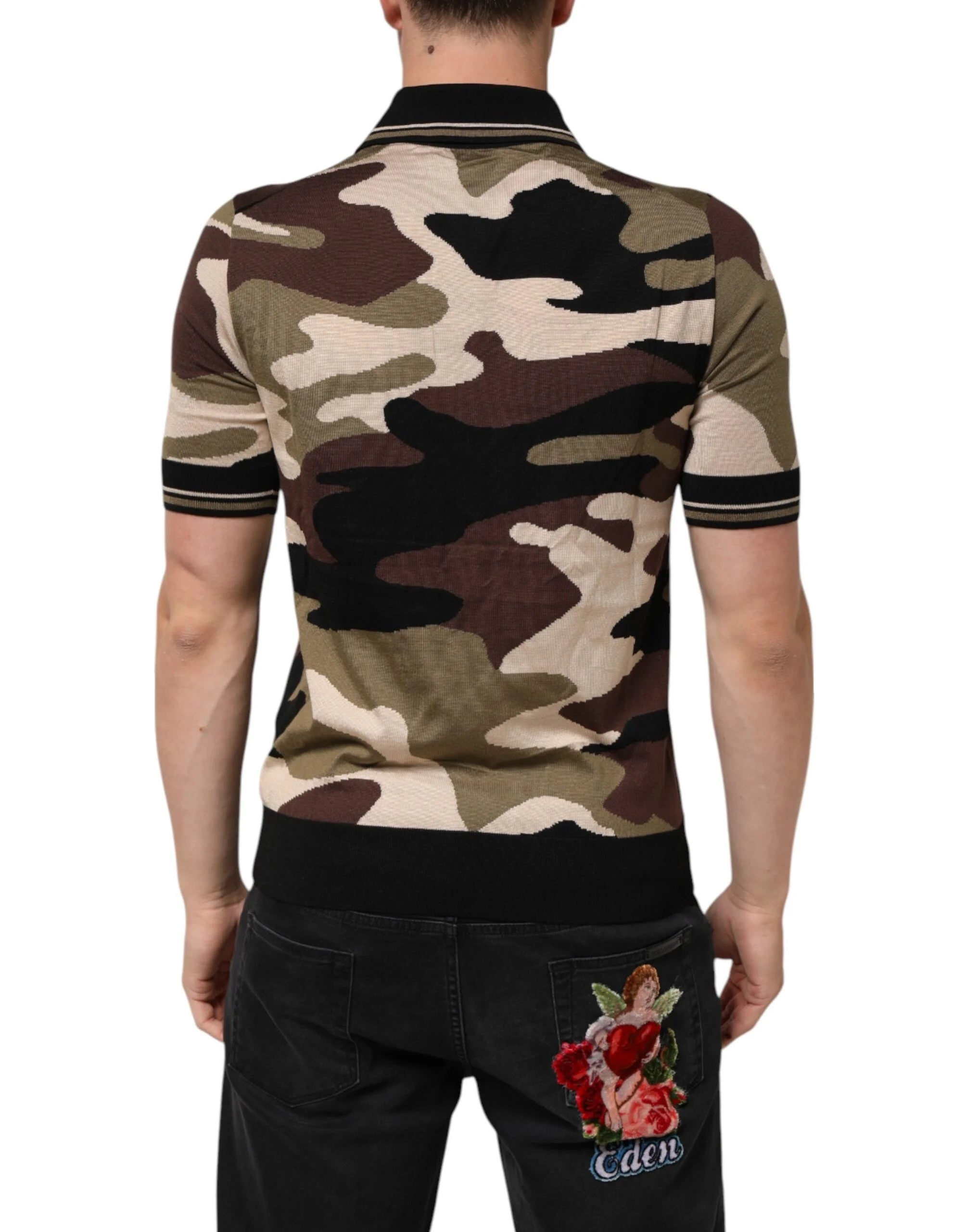 Dolce & Gabbana Camouflage Brown Silk MilitaryPolo T-shirt - Polos