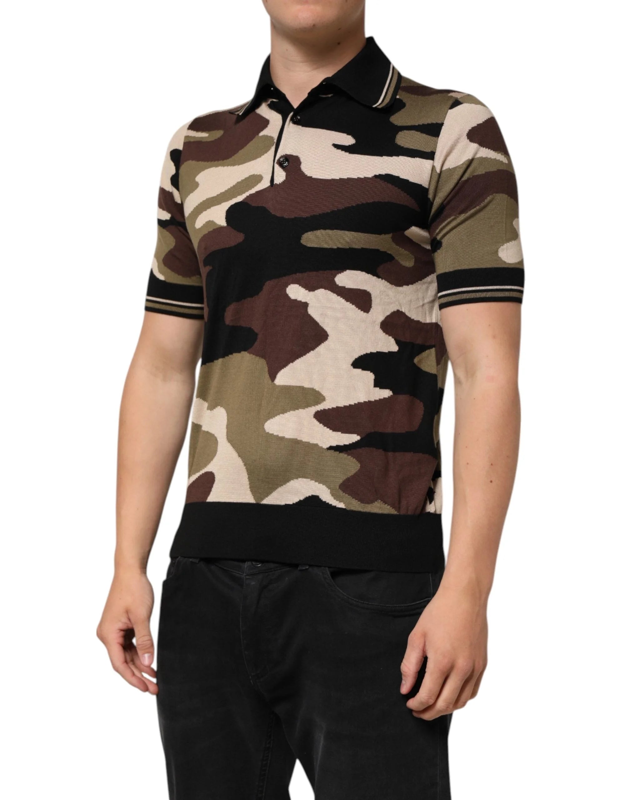 Dolce & Gabbana Camouflage Brown Silk MilitaryPolo T-shirt - Polos