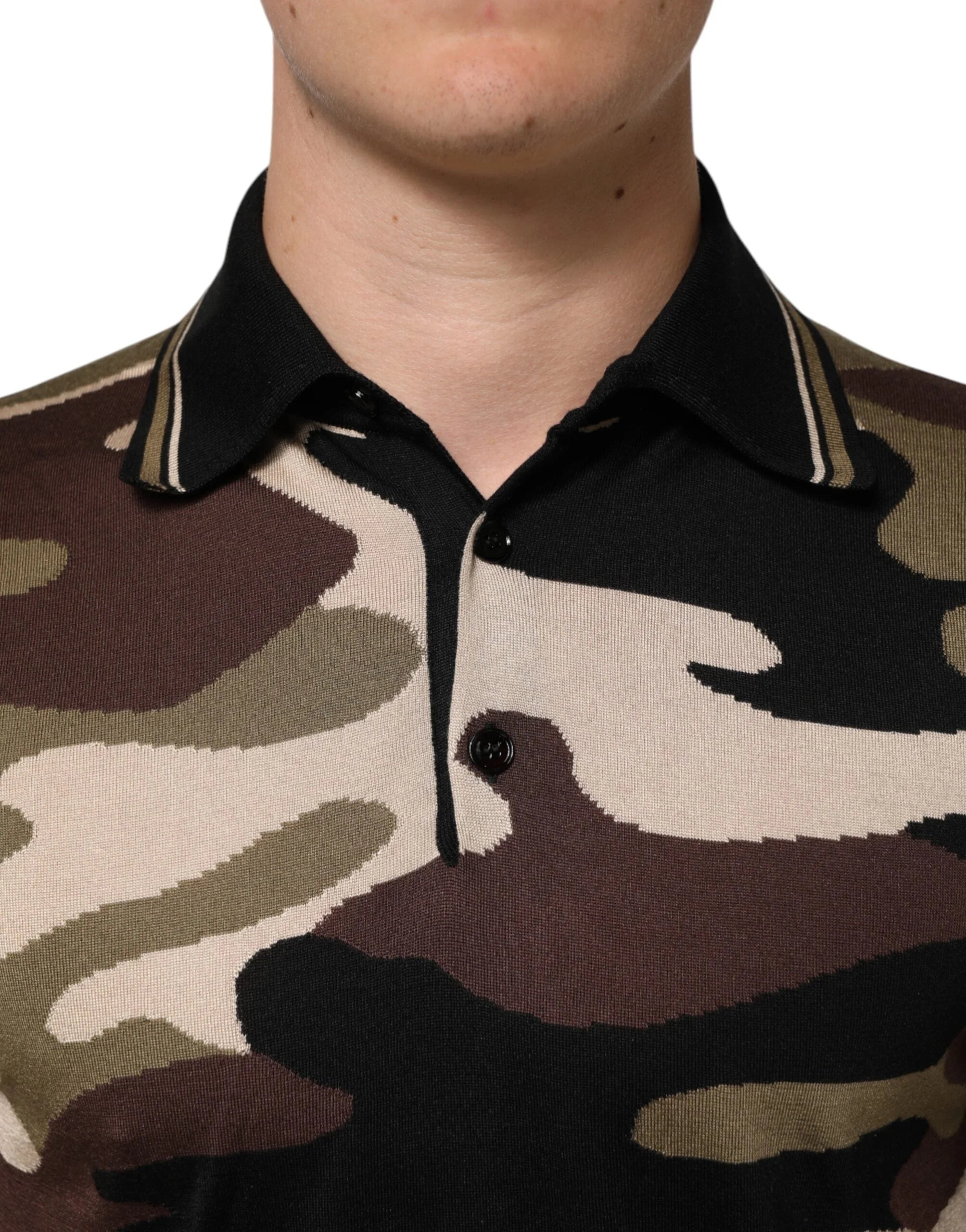 Dolce & Gabbana Camouflage Brown Silk MilitaryPolo T-shirt - Polos