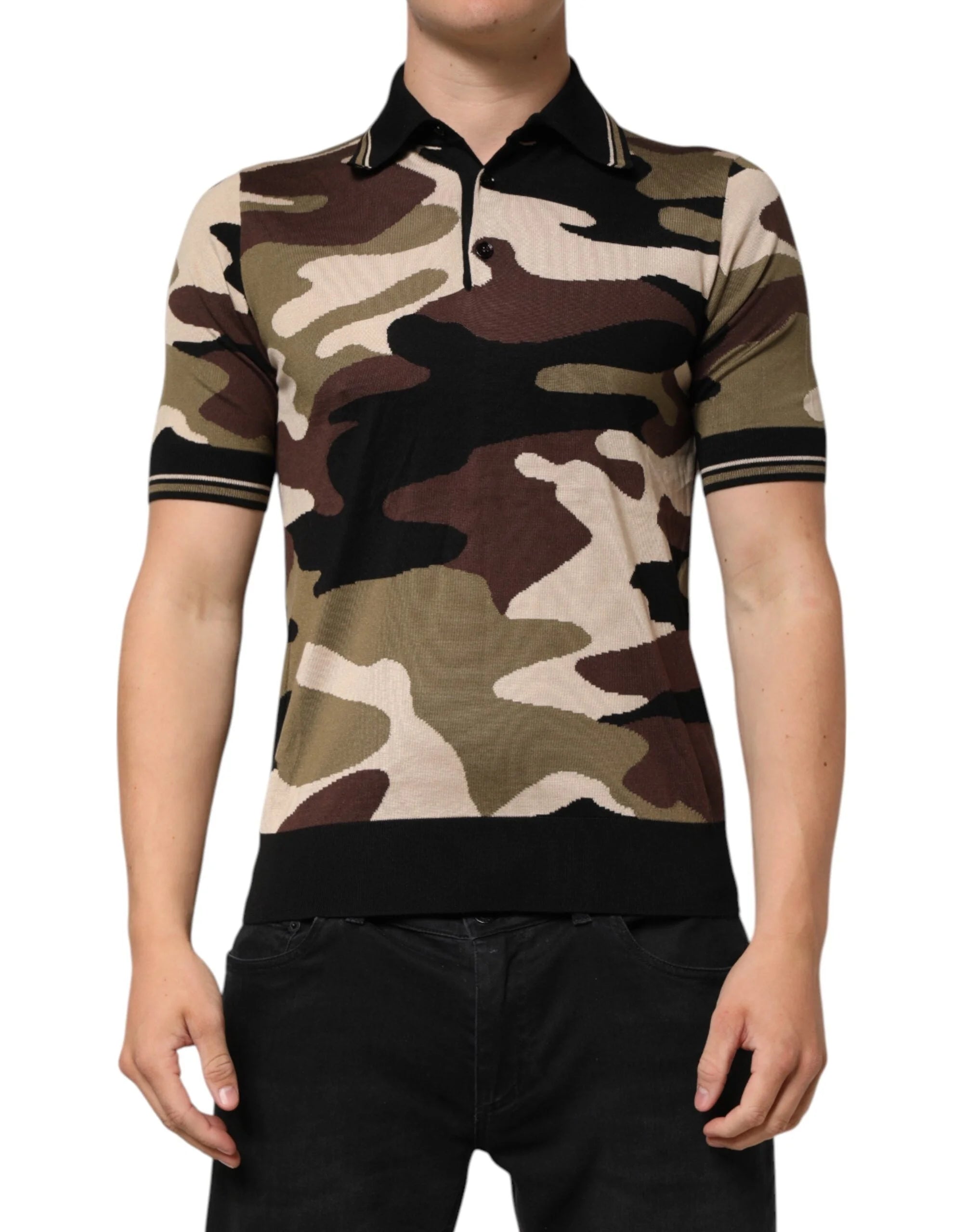 Dolce & Gabbana Camouflage Brown Silk MilitaryPolo T-shirt - Polos